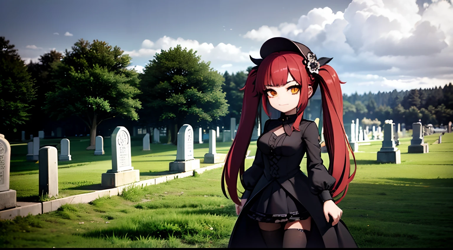 young woman, red hair, yellow eyes, black dress, twintails, black boots, gothic ta, goth, white flowers in scenerie, 4k, in a cemetery, 4k, cloudy time, grey sky, looking at viewer, mannequins behind,