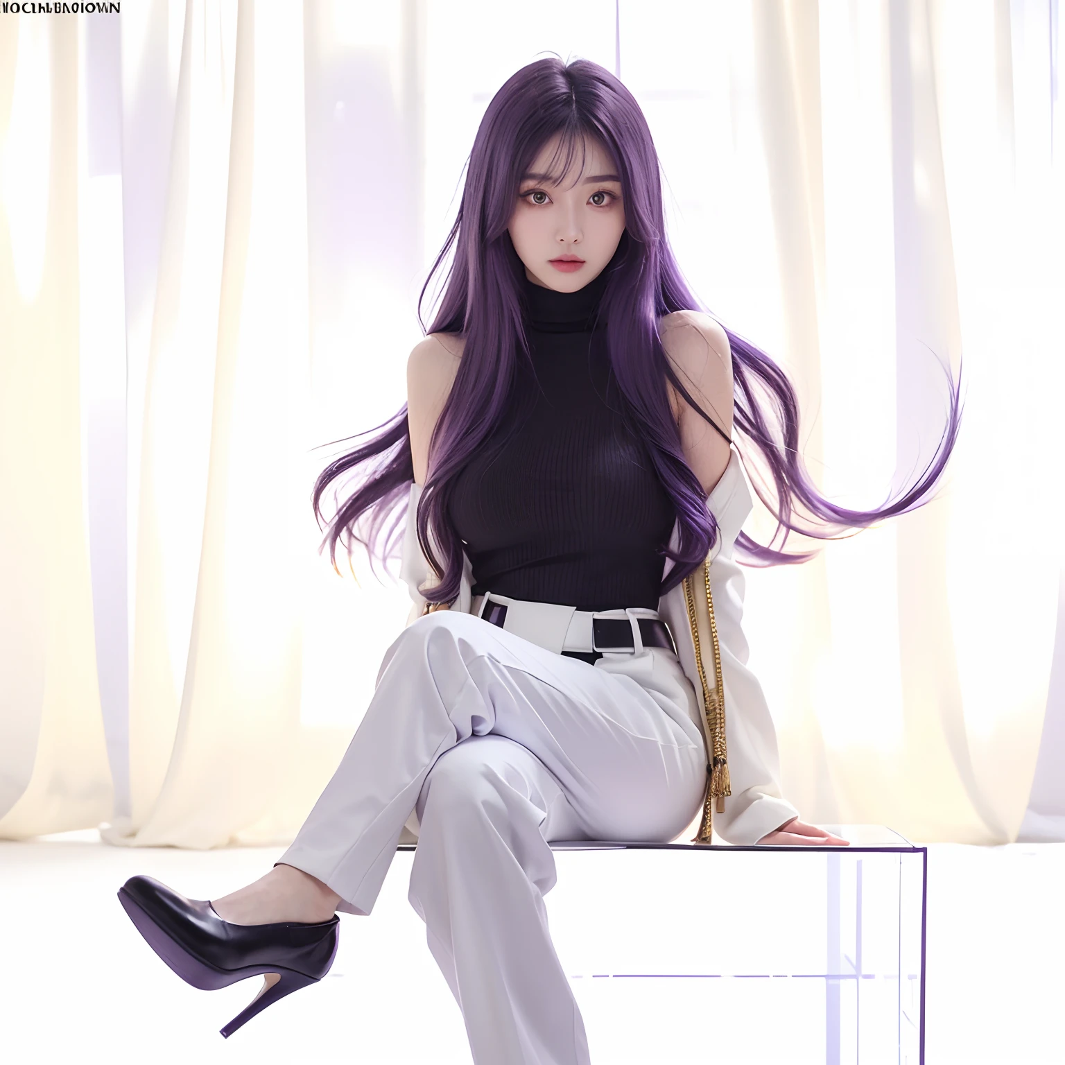 1girl, Moona Hoshinova, (Long hair, Purple Hair, Golden Eyes, Sit), Black Turtleneck, White Suit, Long Pants, White Pants, Black Shoes