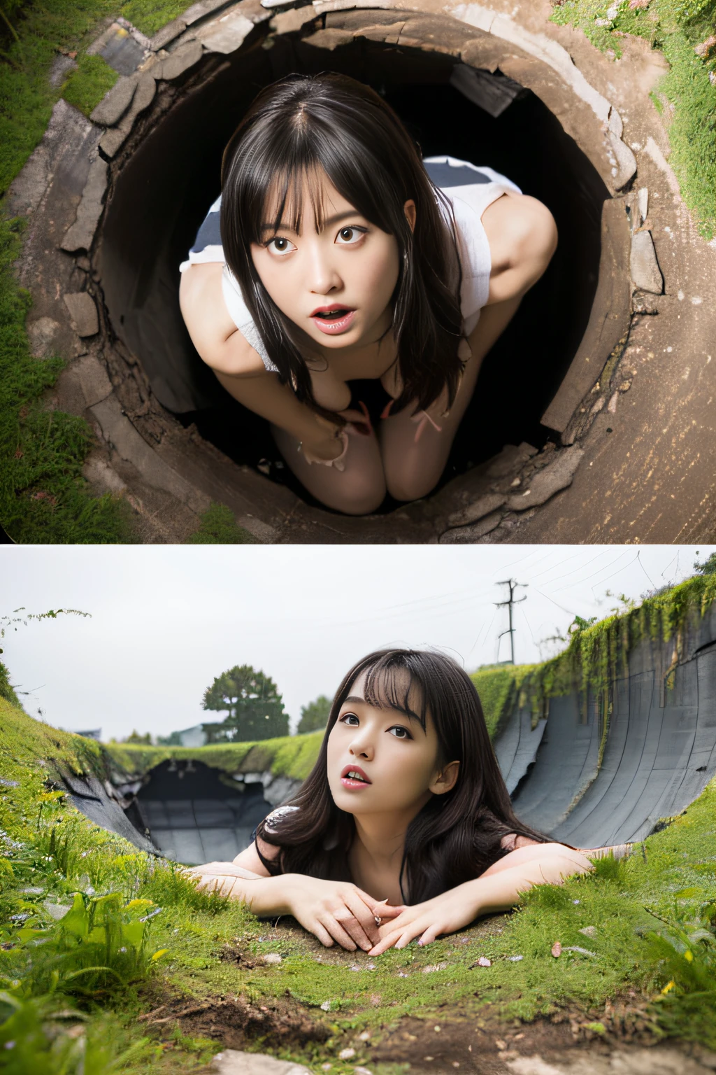 (top-quality、8K、​masterpiece: 1.3)), ((Beautiful girl who fell into a big hole in the ground,)) Pitfalls、、anguished expression, Huge, ,Pure Idol、japanes、((Layered Hair Style、Colossal tits: 1.2),Photorealistic, High resolution, Detailed