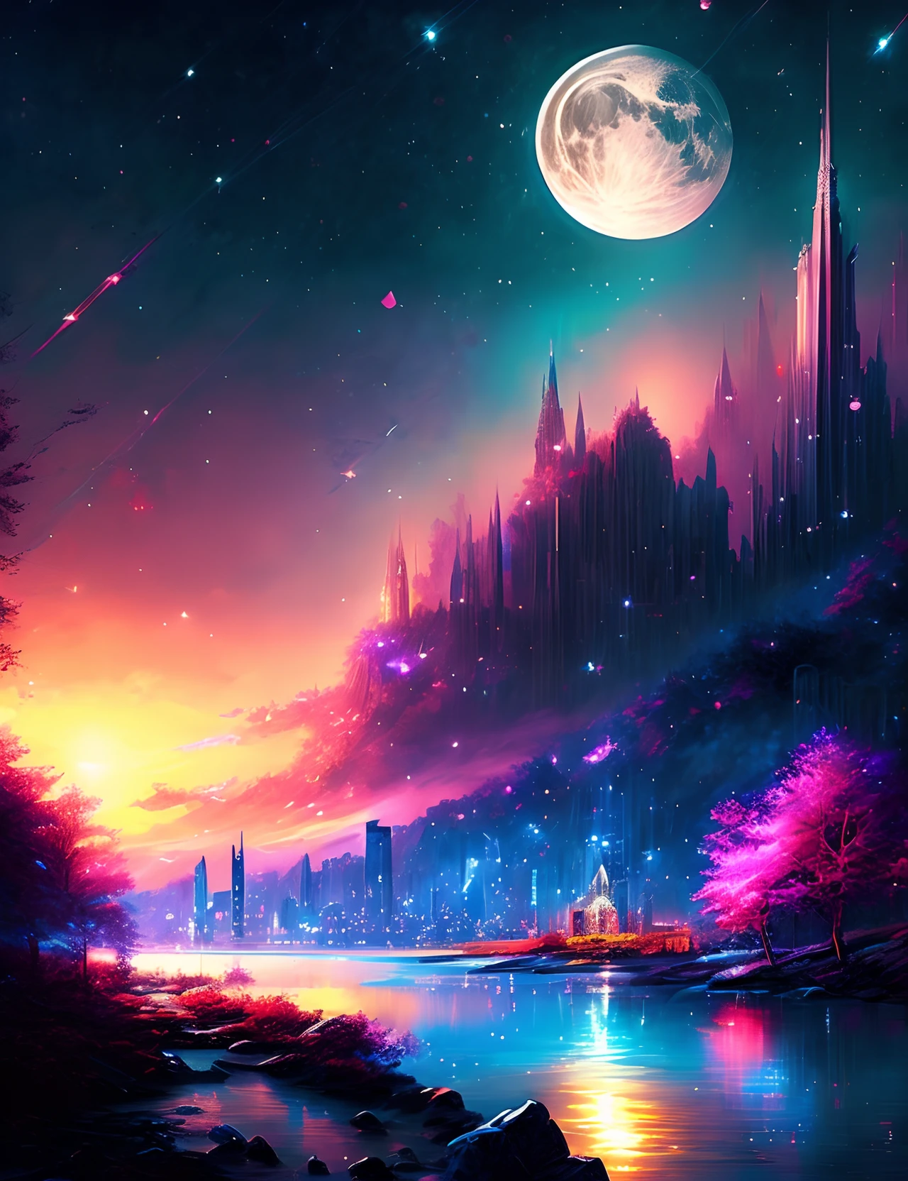 A painting of a city with a full moon in the sky - SeaArt AI