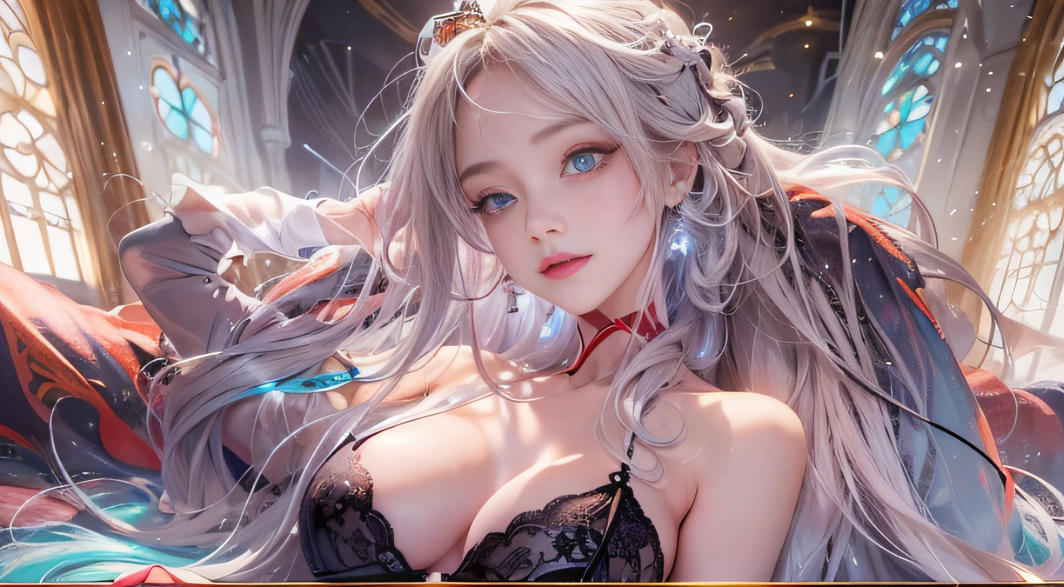 1 girl, Blonde gray hair, Straight hair, Spread hair, Long hair, PUPILS SPARKLING, long eyelashes, Blue eyes, makeup, Smile, Color Field Painting, Contemporary art, Northern Renaissance, Blurred, blending, From below, From Side, the panorama, ultra wide-angle, Wide Angle, F/1.8, 135 mm, canon, nffsw, retinas, masutepiece, Elaborate, Anatomically correct, Skin Texture, Super Detail, high detailing, High quality, hight resolution, 1080p, hard disk, 4K, 8K, of the highest quality, (Translucent off-the-shoulder bright red dress), (Beautiful woman lying on a wide floor), Sexy Pose , (High-rise neon lights with a sparkling night view in the background),(Black lace panties)