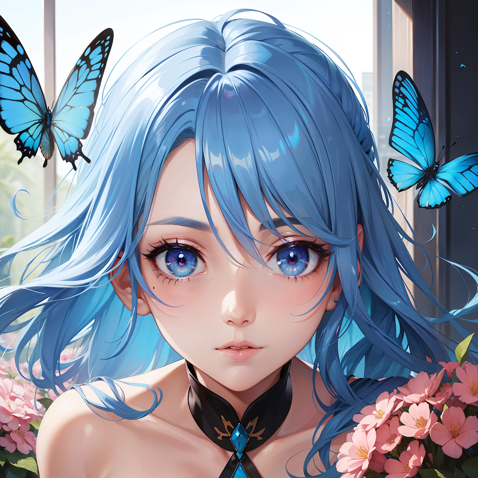 a women, blue butterfly, blue hair, pink eyes
