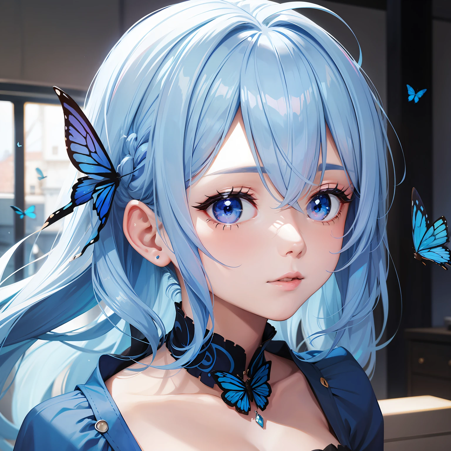 a women, blue butterfly, blue hair, pink eyes, blue dress