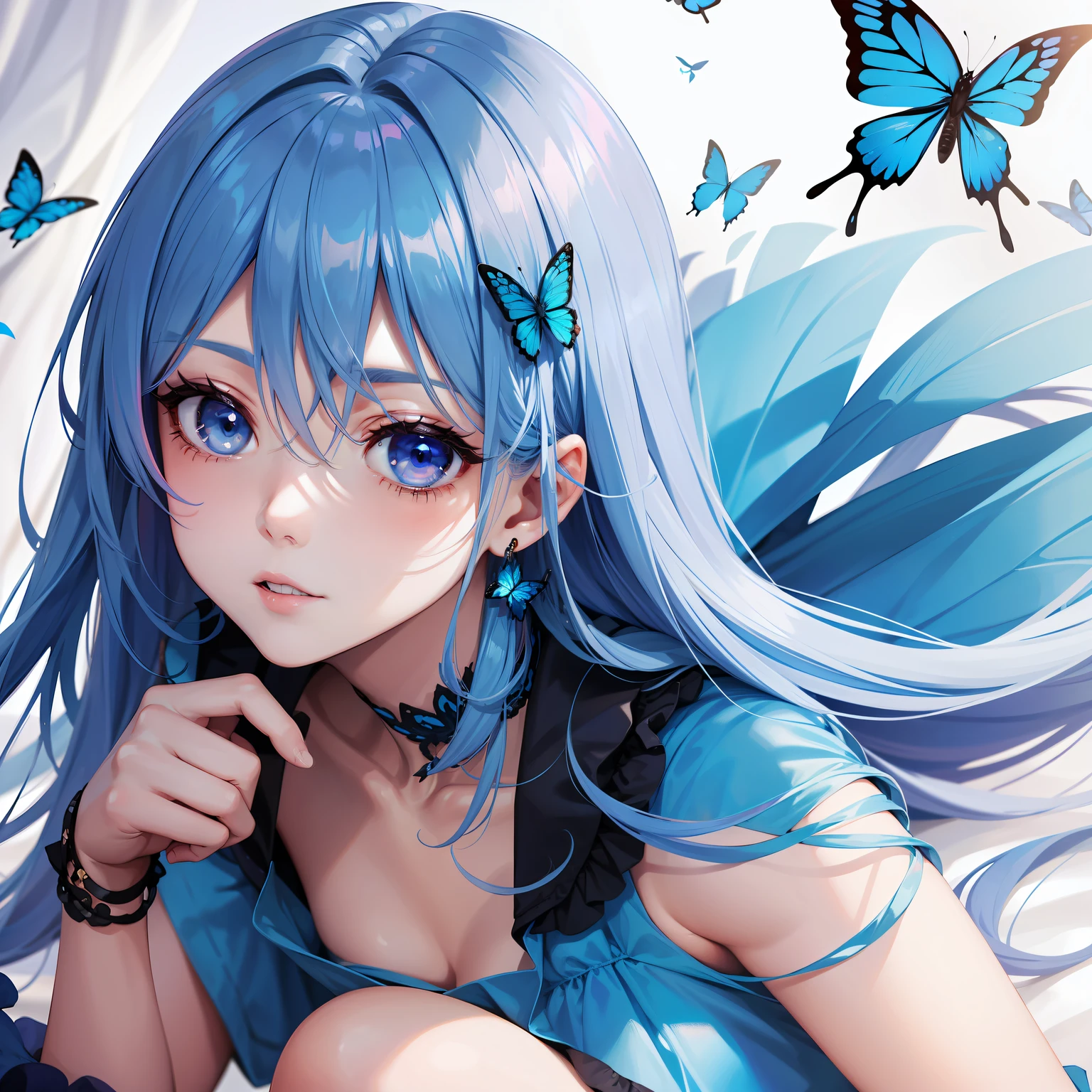a women, blue butterfly, blue hair, pink eyes, blue dress