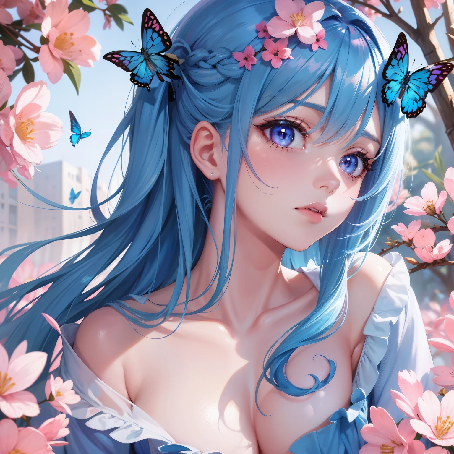 a women, blue butterfly, blue hair, pink eyes, pink dress