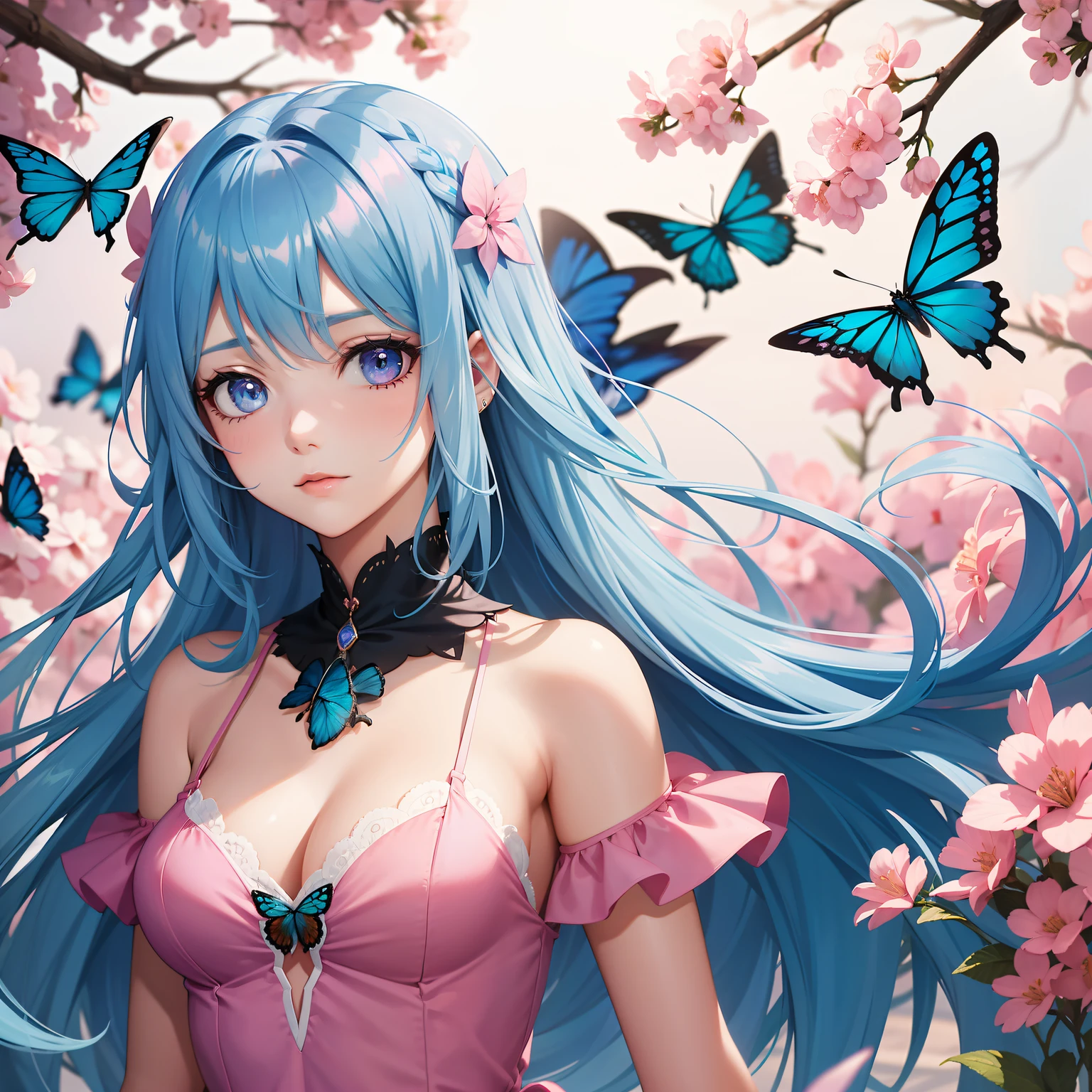a women, blue butterfly, blue hair, pink eyes, pink dress