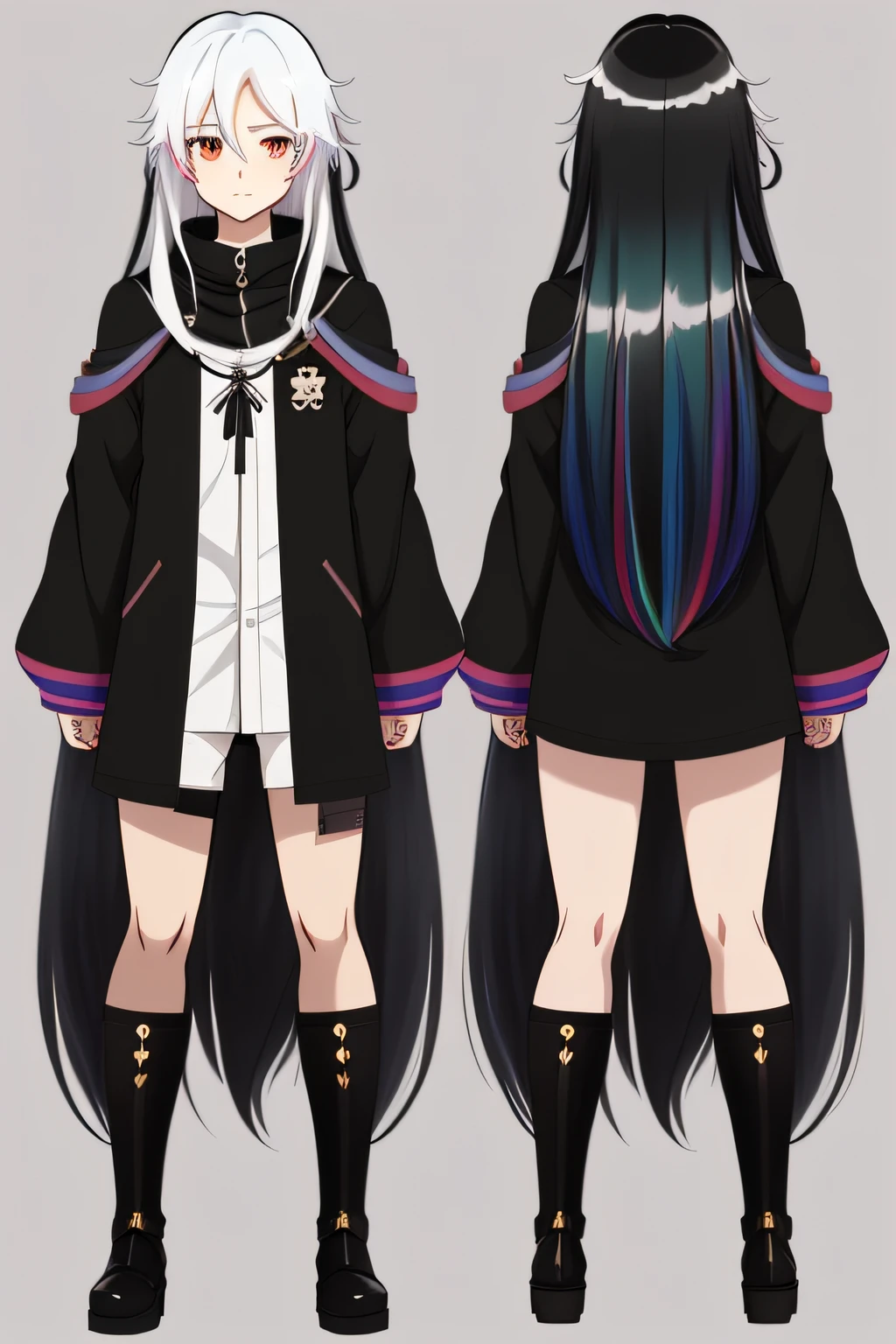 cute, anime, character design, reference sheet, long black hair with rainbow tips, anime trap, man, one eye is black the other is white, full body, different clothing, character design, reference sheet,