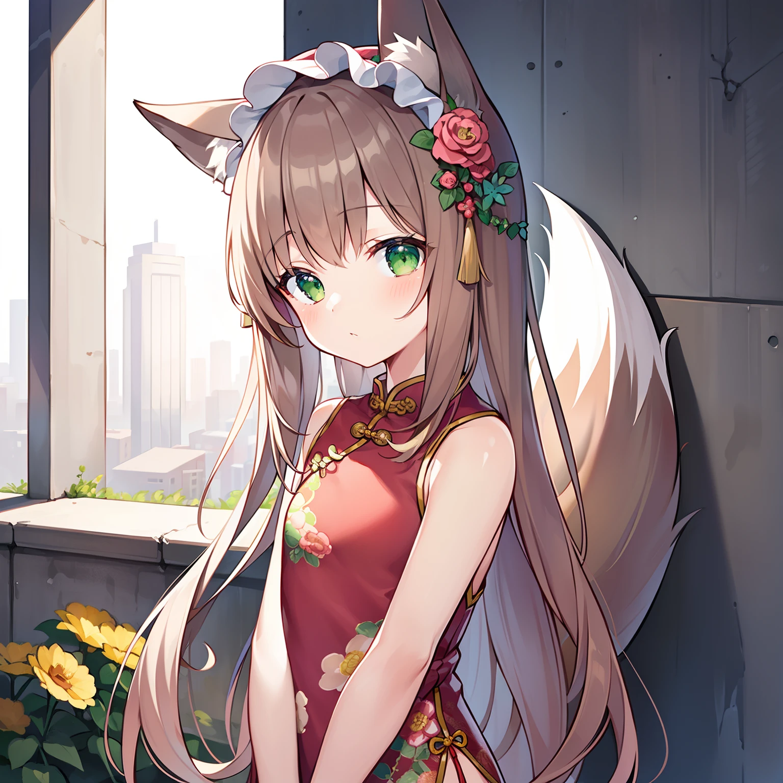 Masterpiece, Best quality, high resolution, 1girll, Solo, Oversized fox tail，(Long brown hair)，Green eyes，Small flower headdress, (9 _Cute loli)，Modern architecture，Under the wall，Wearing a Chinese cheongsam，seen from the front，Close-up of upper body，natta，