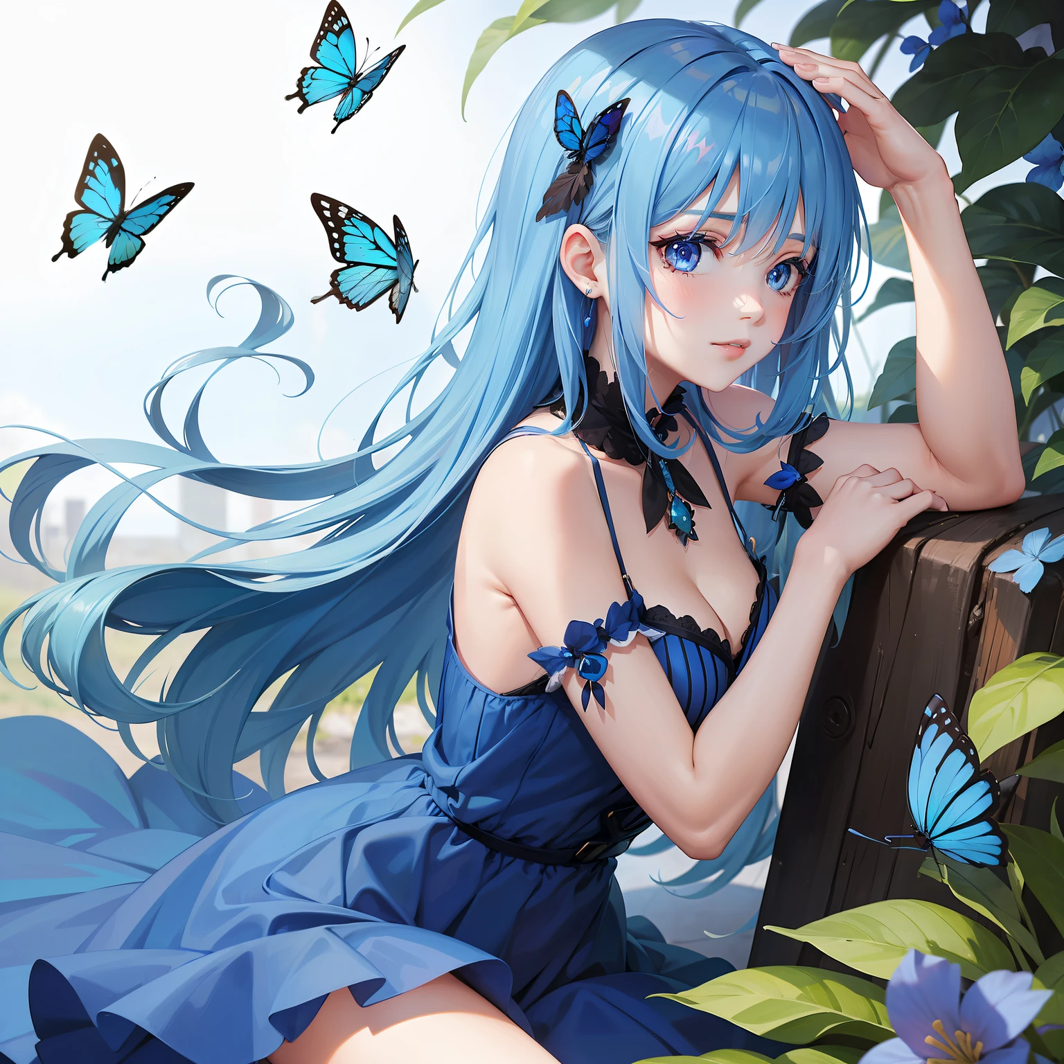 a women, blue butterfly, blue hair, pink eyes, blue dress