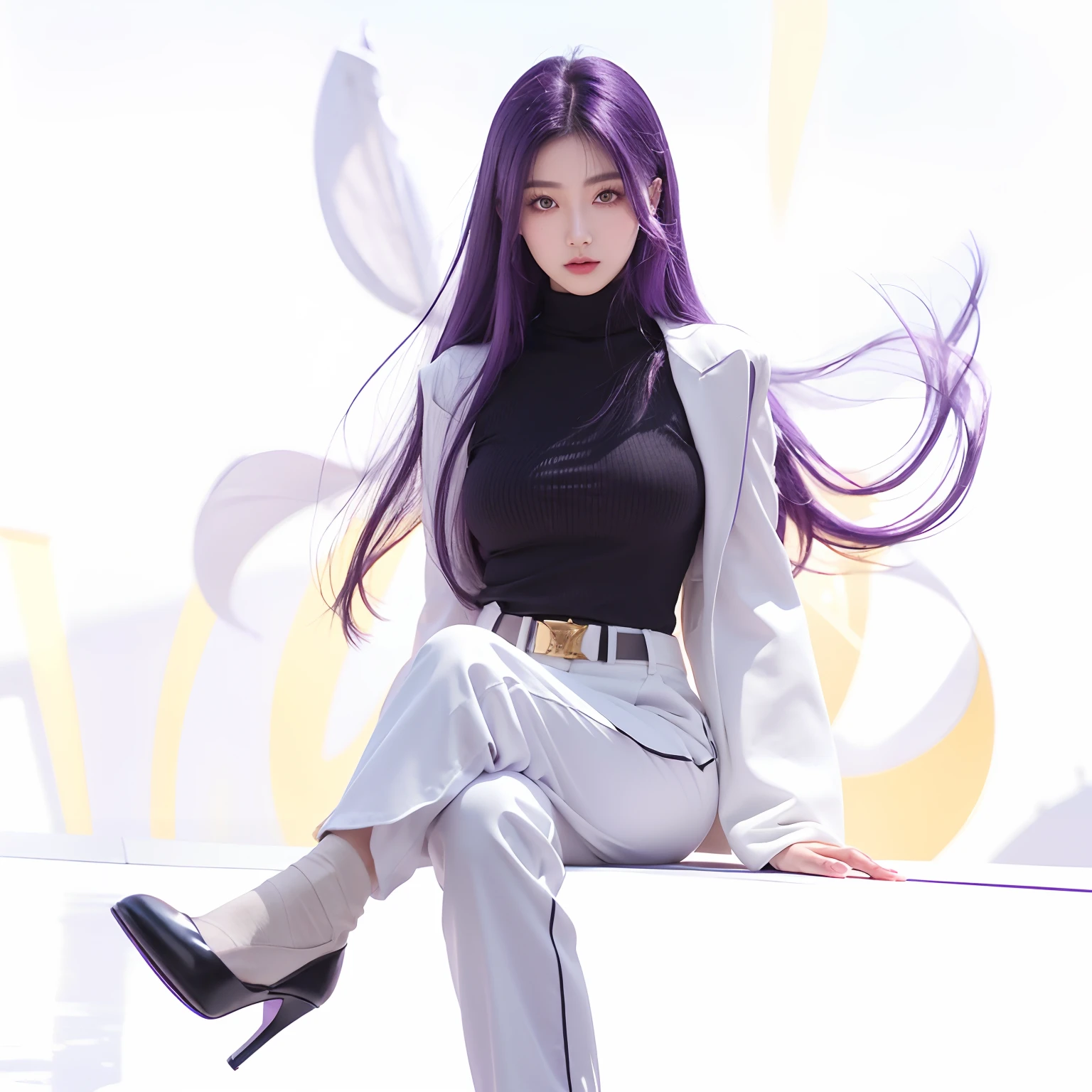 1girl, Moona Hoshinova, (Long hair, Purple Hair, Golden Eyes, Sit), Black Turtleneck, White Suit, Long Pants, White Pants, Black Shoes, realistic, ultra detail, 70mm lens,