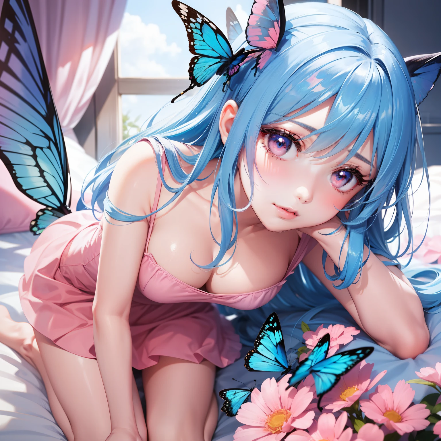 a women, blue butterfly, blue hair, pink eyes, pink dress