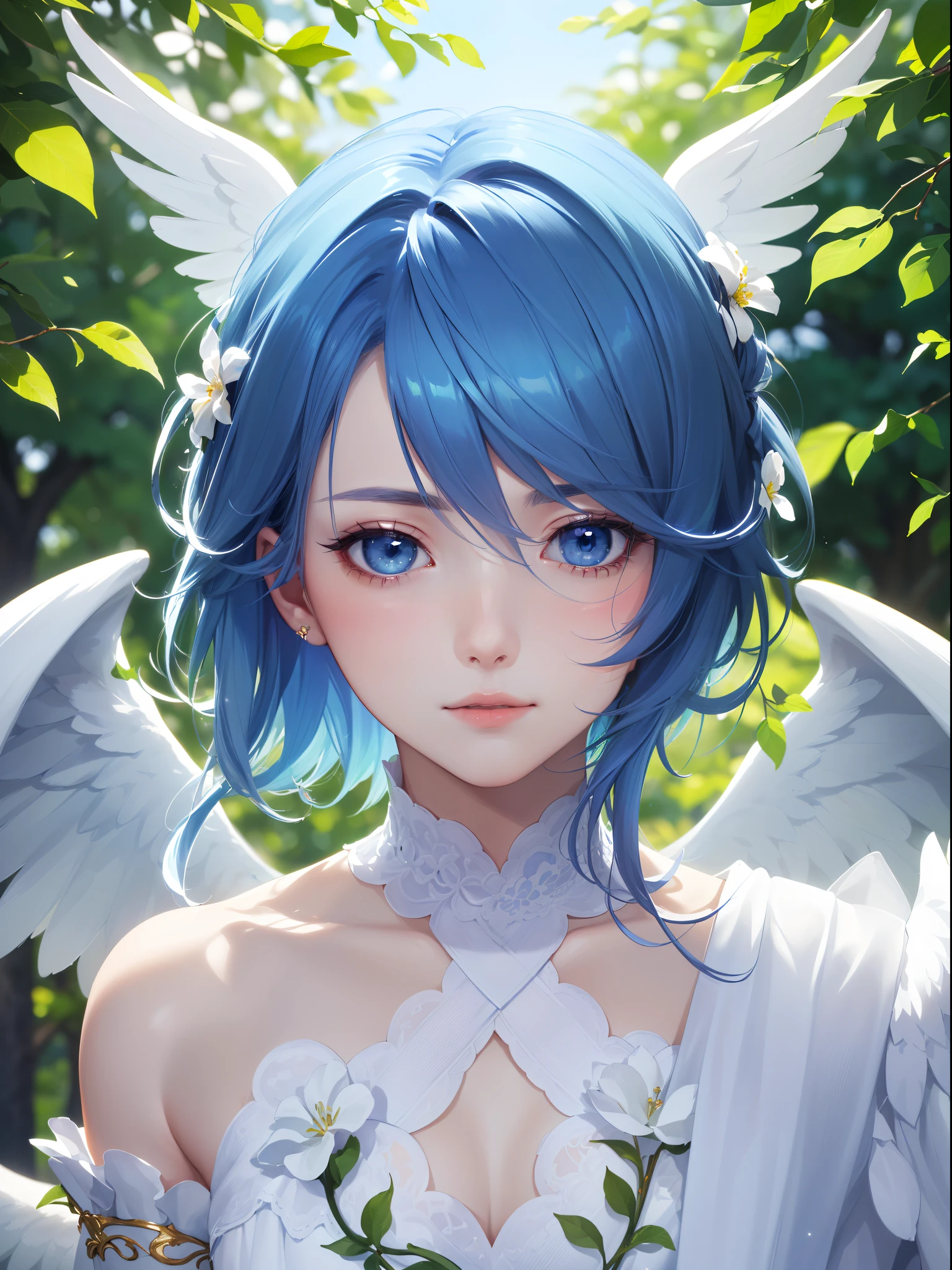 (best quality,8k,highres,masterpiece:1.5),ultra-detailed,anime boy with blue hair and white angel wings,realistic eyes and facial features,elegant outfit,graceful pose,immersive background,lush garden scenery,vibrant colors,soft lighting,subtle bokeh,stylistic anime illustration style