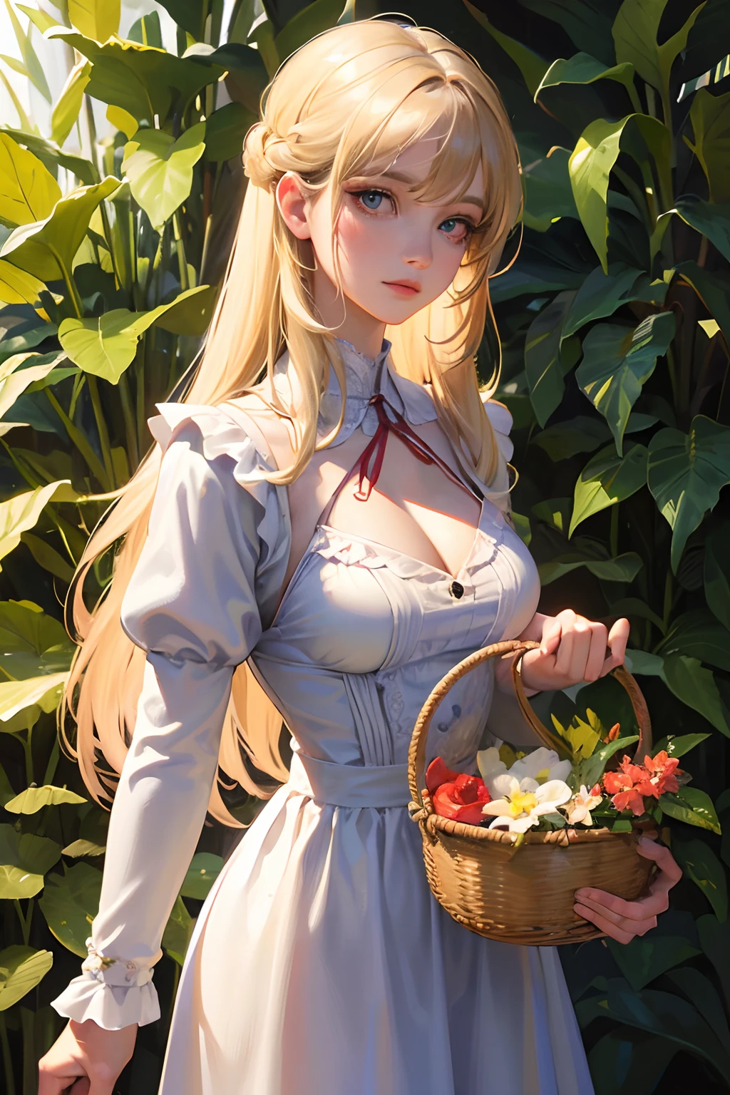 (Best quality, Masterpiece:1.4), (Realism:1.2), (Realistis:1.2), (absurderes:1.2), (Photorealistic:1.3), 1girll,Realistic skin,Solo,( very large eyes,Beautiful detailed eyes, symetrical eyes), ((Cowboy shot)), littleredridinghood, Blonde hair, Long hair, cleavage, forest, basket, coyote, frill dress, Dappled sunlight,, Masterpiece, Best quality, Highly detailed