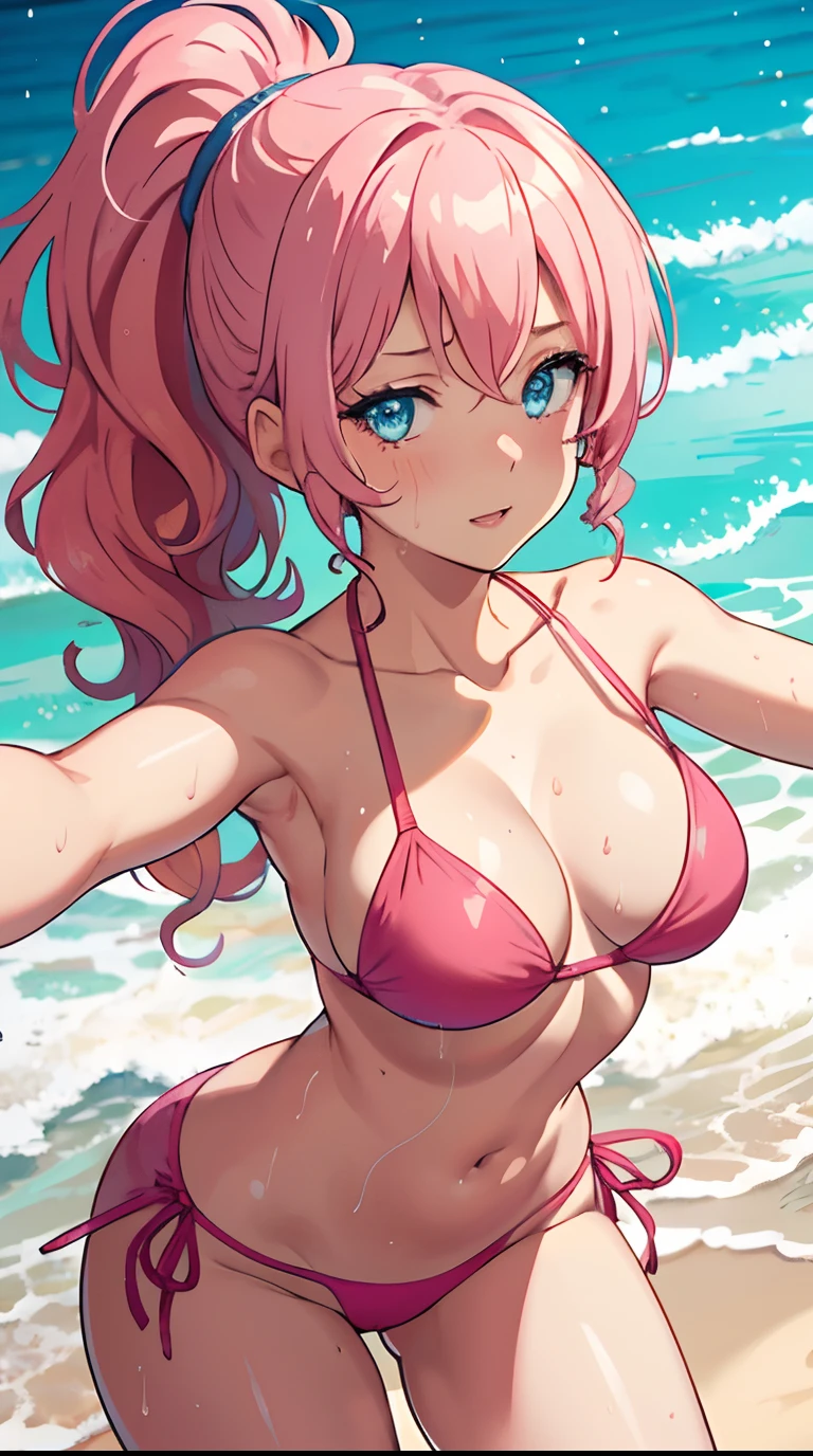 selfie, 1girl, pink hair, blue eyes, parted lips, blush, makeup, light smile, bikini, beach, sweat, wet, light rays, glow, thighs, collarbone, narrow waist, (masterpiece), wallpaper,1 girl, ryza,ment colour hair, ponytail, curly hair,