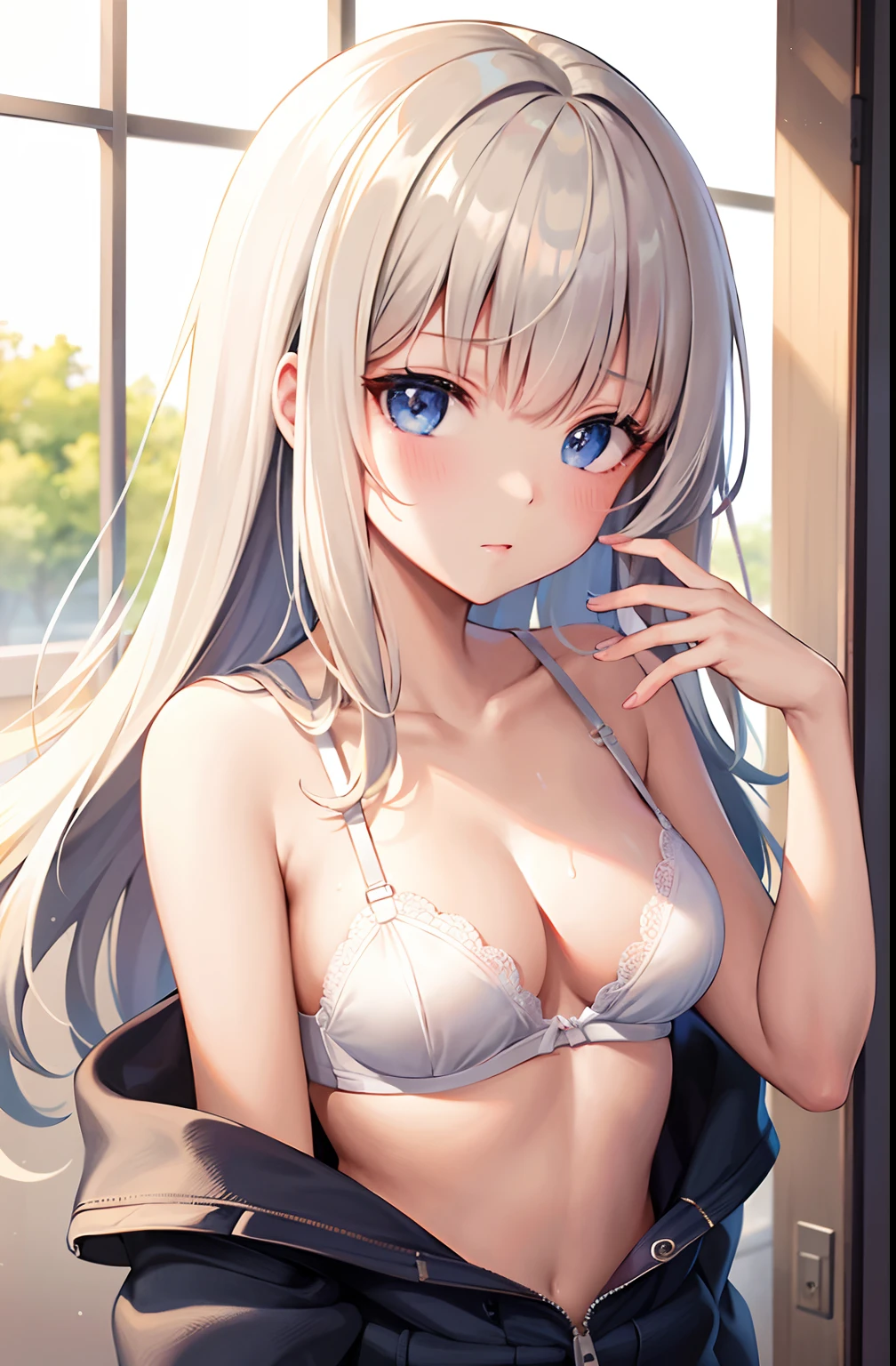 best quality, ultra high res, 1girl, (aegyo sal:1), (platinum blonde hair:1), ((puffy eyes)), looking at viewer, upper body, facing front, best quality, Fair skin, blunt bangs,gladient hair, long hair, brond hair, wet, hair strand, Fair skin, small breasts, gladient hair, slender body, locker room, tits, changing clothes, bra, kissing