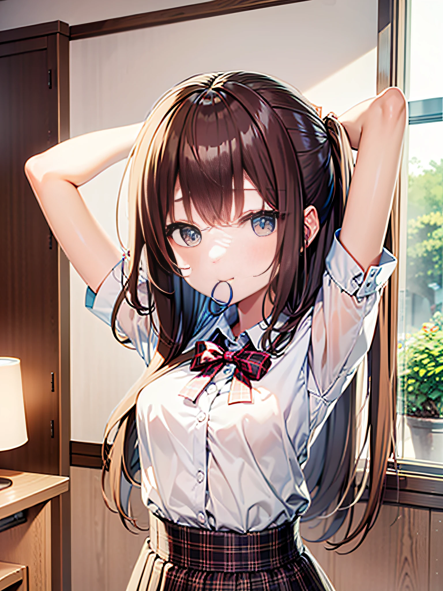 in 8K、top-quality、​masterpiece、ultra-detailliert、Ultra-high resolution、((1 persons))、girl with、Room at home、brown haired、High school students、校服、stop hair、Put it in your mouth、Plaid skirt