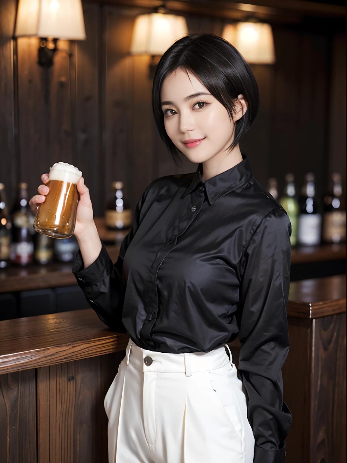 88
(a 20 yo woman,is standing), (A hyper-realistic), (masutepiece), ((short-hair:1.46)), (Smooth black hair), (Breast:1.0), (kindly smile), Wear long pants, (Wearing a long-sleeved shirt), (Beautiful skin:1.5), (Drinking beer)