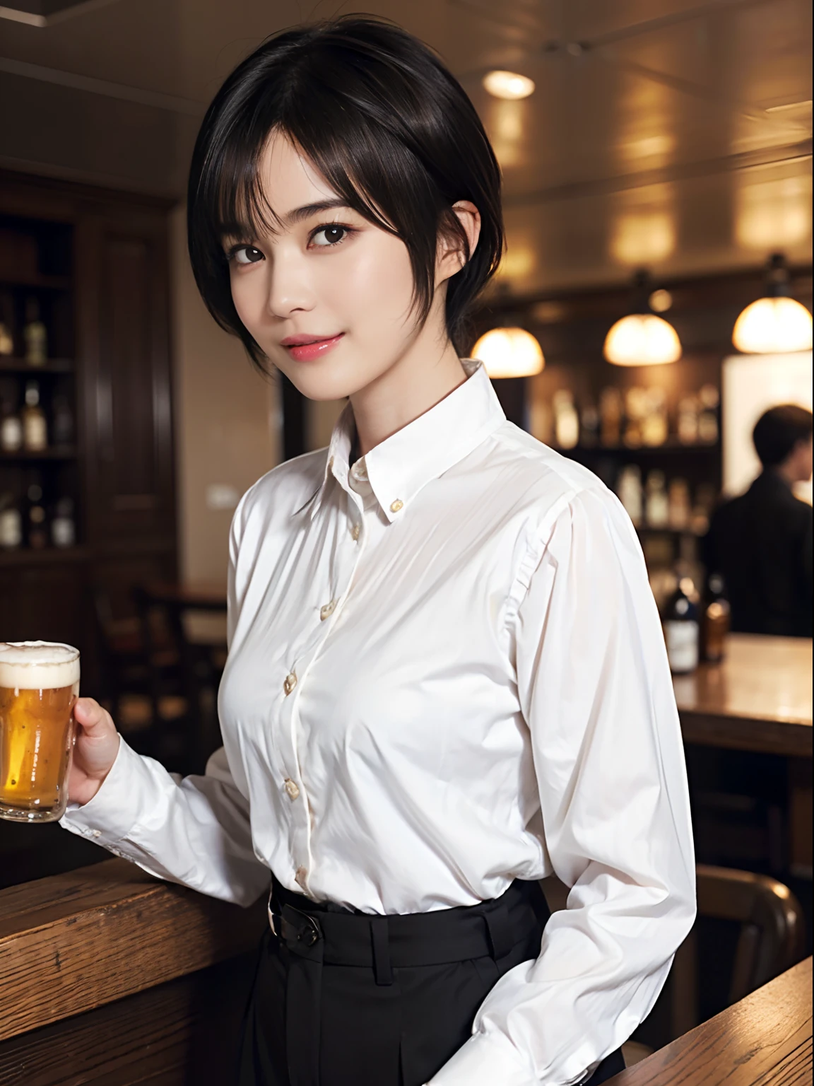 88
(a 20 yo woman,is standing), (A hyper-realistic), (masutepiece), ((short-hair:1.46)), (Smooth black hair), (Breast:1.0), (kindly smile), Wear long pants, (Wearing a long-sleeved shirt), (Beautiful skin:1.5), (Drinking beer)