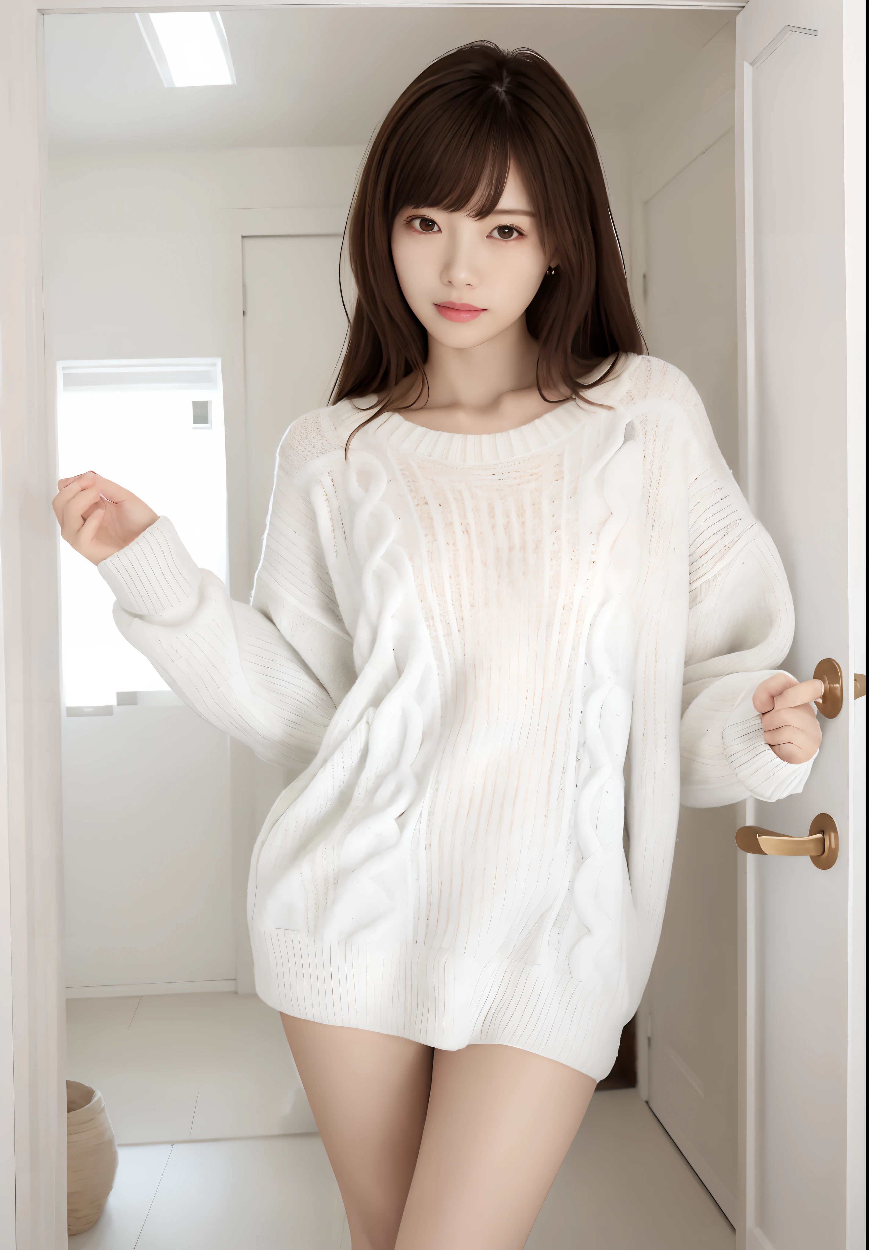 Araphedo woman in white sweater standing in the doorway, wearing sweater, Wearing a sweater, Wearing a white sweater, White sweater, wearing casual sweater, wearing an oversized sweater, Posing in the bedroom, Young skinny gravure idol, wearing white outfit, Sexy gravure idol、medium long hair、