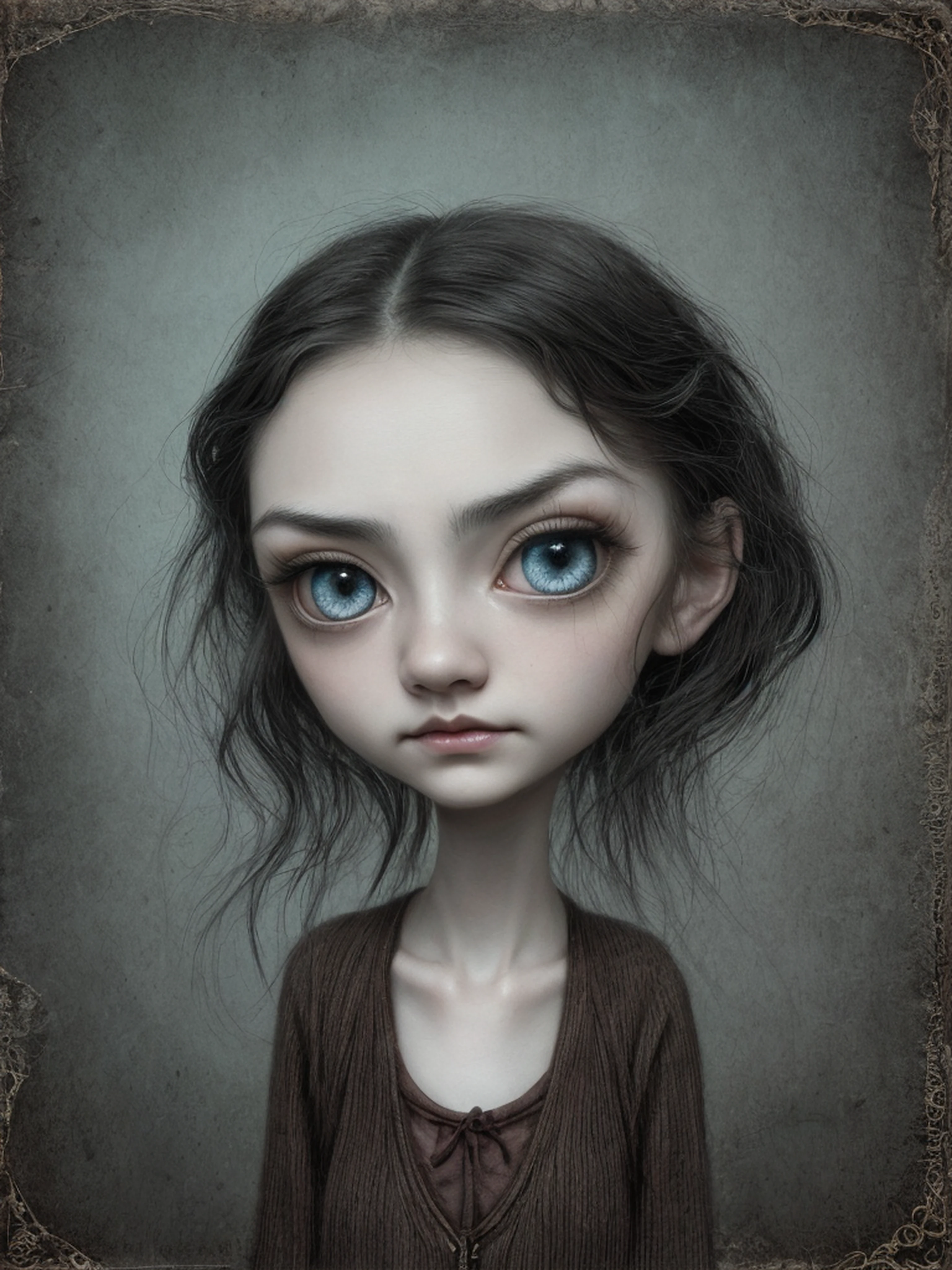 Un primer plano de una chica muy triste con el pelo largo (rubio) Y los grandes ojos azules mostrando enormes ((pechos)), Anton Semenov, Mark Ryden muy detallado, Designed by Mark Ryden, Mark Ryden en el estilo de, Designed by Mark Ryden, inspirado por Mark Ryden, Naoto Hattori, Adorable pintura digital, hermoso rostro. dark fantasy, Estilo Wlop Loish y Clamp, desnuda, pezones