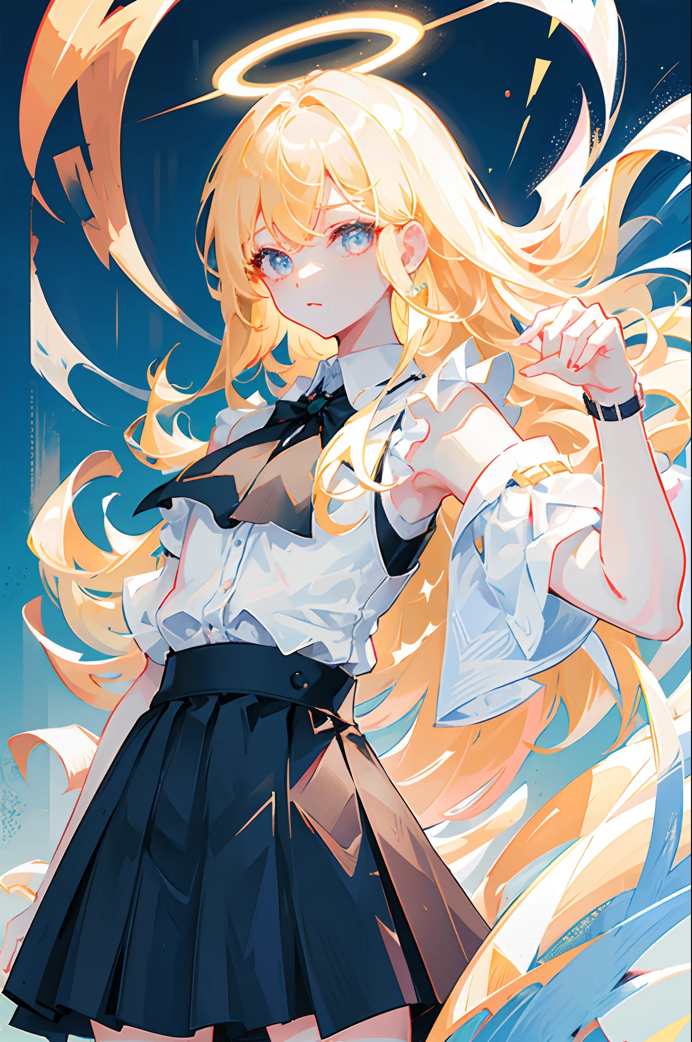 Top quality, ultra high resolution, (photorealistic: 1.4), one woman, sleeveless white button shirt, black skirt, black choker, cute, (Kpop Idol), (charming: 1), (platinum blonde hair: 1), (puffy eyes)), looking at the viewer, the whole body, facing forward