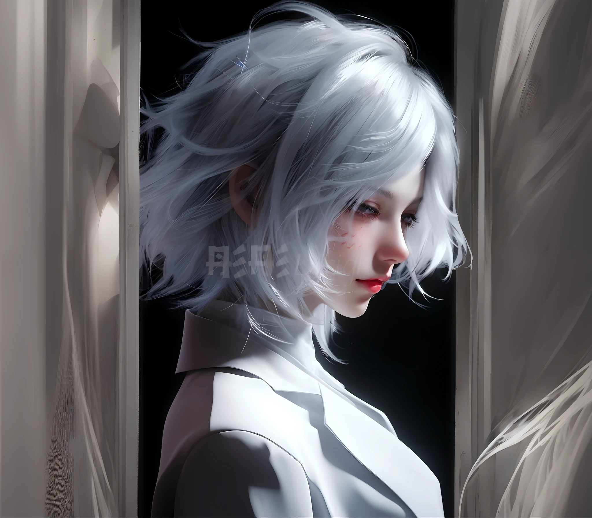 a close up of a woman with white hair and a white shirt, girl with white hair, girl with short white hair, cyborg - girl with silver hair, artwork in the style of guweiz, realistic anime 3 d style, smooth anime cg art, anime styled 3d, trending on cgstation, guweiz, girl silver hair, white haired