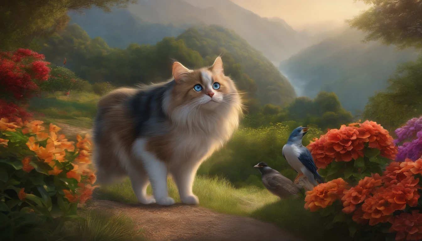 Best quality, Master parts, 超高分辨率, (Realistic photography:1.4), ultra-realistic realism, Hooters，The eyes are shining，facing at camera，Surrounded by colorful flowers，verdant leaves，