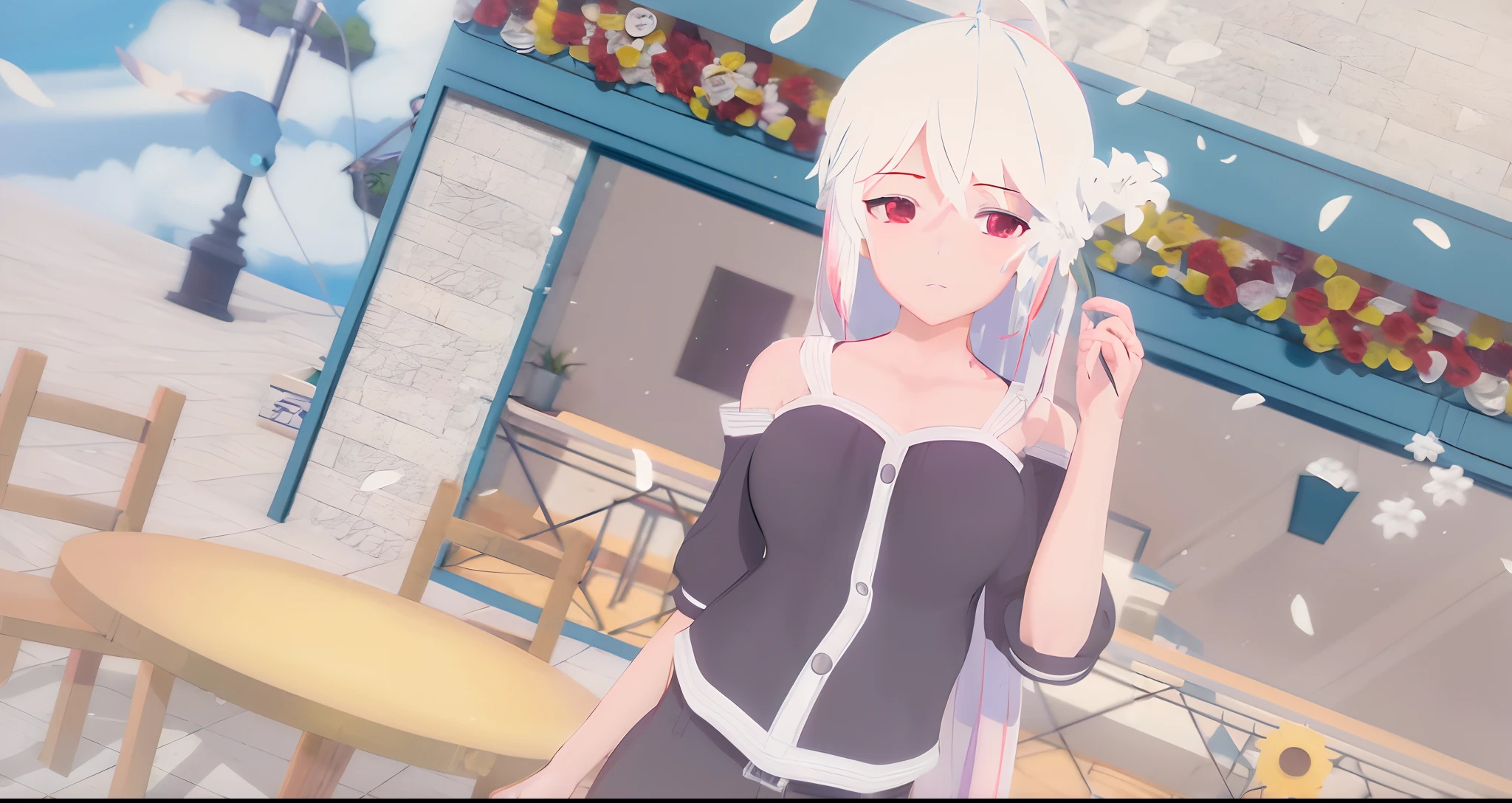 Anime girl in black dress holding a mobile phone in front of a building, Stylized anime, anime styled 3d, Anime Stylization, Anime style. 8K, render of a cute 3d anime girl, Smooth anime CG art, style of anime4 K, Girl with white hair, anime moe art style, Realistic anime 3 D style, Imperial sister in a skirt