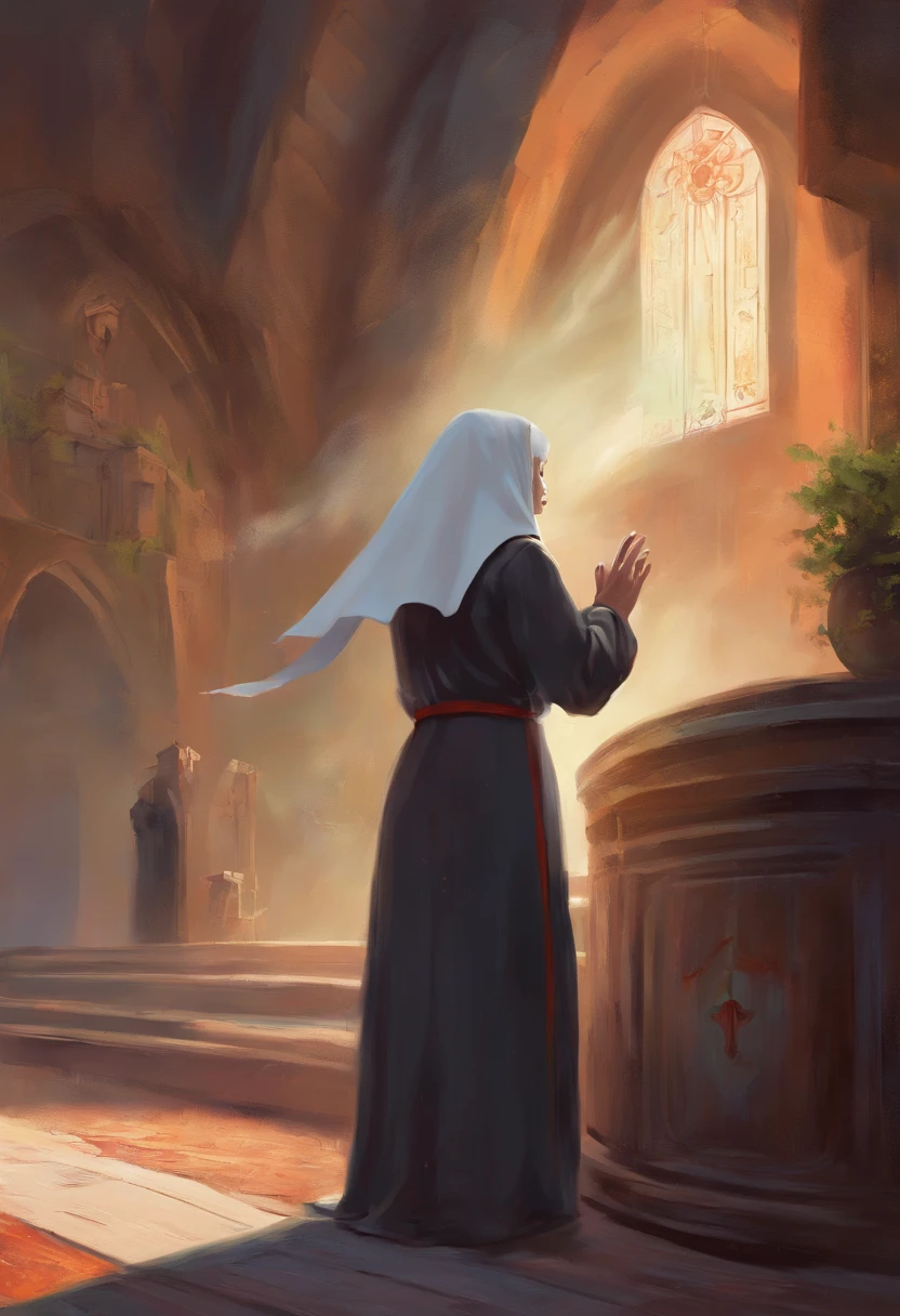 (a nun farting),oil painting,detailed surroundings,ultra-detailed,realistic,vibrant colors,warm lighting