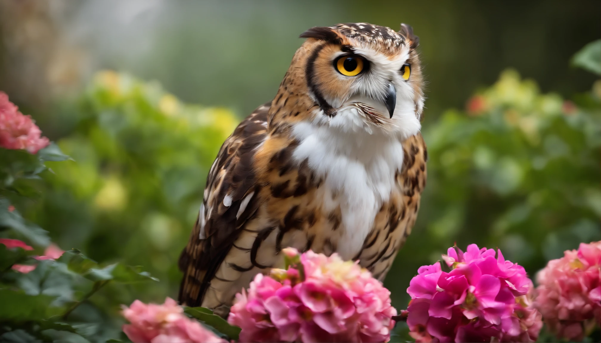 Best quality, Master parts, 超高分辨率, (Realistic photography:1.4), ultra-realistic realism, Hooters,The eyes are shining,facing at camera,Surrounded by colorful flowers,verdant leaves,