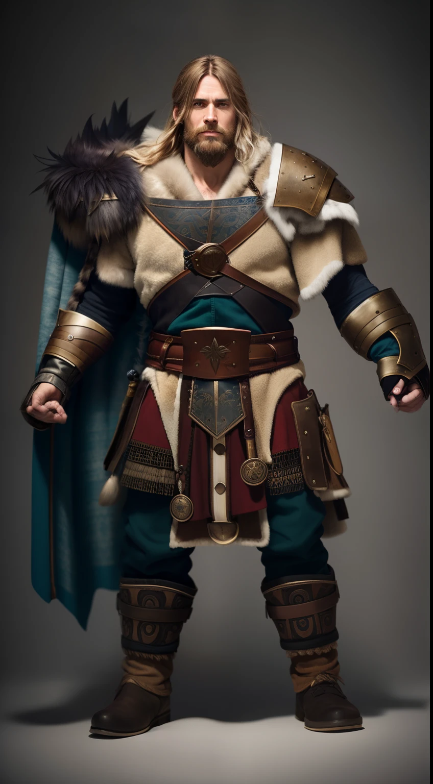 A Viking leader with a cloak, a battle scene on the icy tundra, a cold color palette, soft Nordic landscapes, textured leather, intricate tattoos, detailed strands of hair, detailed feathers, dynamic actions, strong contrasting lighting effects, skillful painting techniques, rich texture, emphasized muscular contours, natural background depth of field, a majestic and brave depiction, attention to eye expressions, powerful poses conveying strength, realistic fur texture, dimly lit background illumination, abstract Nordic elements. (best quality, 4k, high-res, masterpiece:1.2), ultra-detailed, realistic:1.37, HDR, studio lighting, vivid colors, bokeh, portraits, landscape, nordic, battle, dark tones.