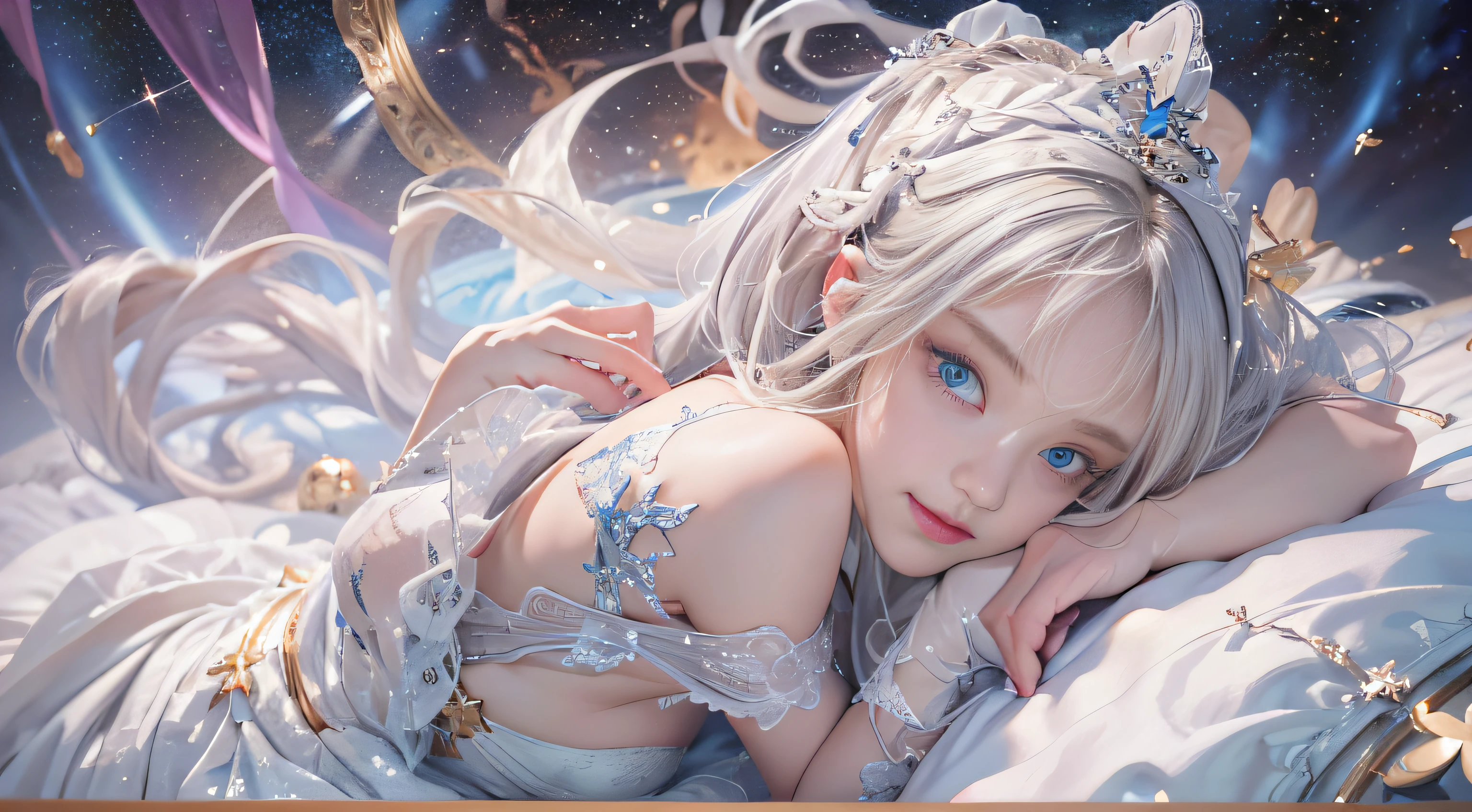 1 girl, Blonde gray hair, Straight hair, Spread hair, Long hair, PUPILS SPARKLING, long eyelashes, Blue eyes, makeup, Smile, Color Field Painting, Contemporary art, Northern Renaissance, Blurred, blending, From below, From Side, the panorama, ultra wide-angle, Wide Angle, F/1.8, 135 mm, canon, nffsw, retinas, masutepiece, Elaborate, Anatomically correct, Skin Texture, Super Detail, high detailing, High quality, hight resolution, 1080p, hard disk, 4K, 8K, of the highest quality, (Translucent off-the-shoulder immaculate white dress), (Beautiful woman lying on a wide floor), Sexy Pose (Full of stars in the background, Milky Way Galaxy), (Full of stars in the background, Milky Way Galaxy),(Black lace panties)