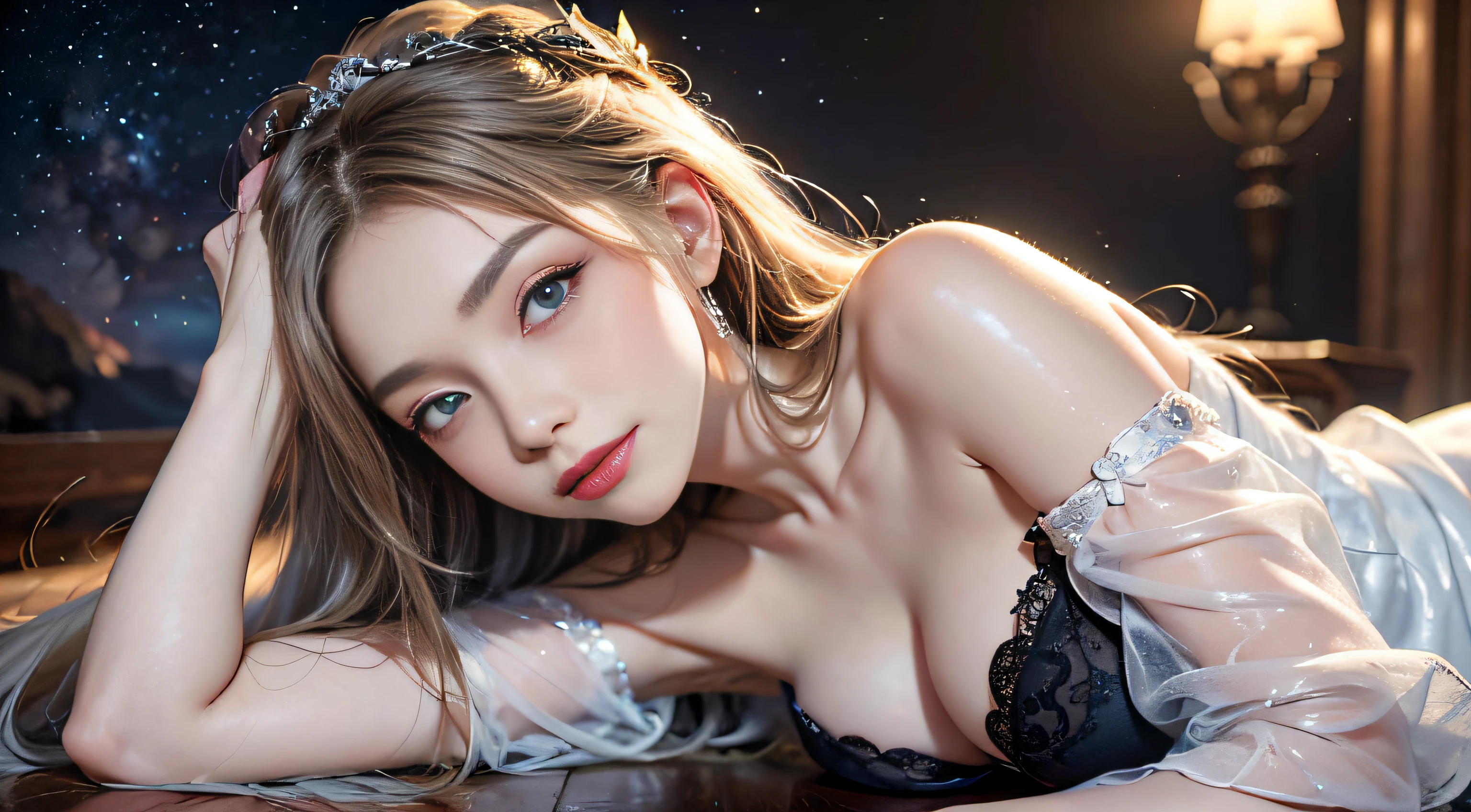 1 girl, Blonde gray hair, Straight hair, Spread hair, Long hair, PUPILS SPARKLING, long eyelashes, Blue eyes, makeup, Smile, Color Field Painting, Contemporary art, Northern Renaissance, Blurred, blending, From below, From Side, the panorama, ultra wide-angle, Wide Angle, F/1.8, 135 mm, canon, nffsw, retinas, masutepiece, Elaborate, Anatomically correct, Skin Texture, Super Detail, high detailing, High quality, hight resolution, 1080p, hard disk, 4K, 8K, of the highest quality, (Translucent off-the-shoulder immaculate white dress), (Beautiful woman lying on a wide floor), Sexy Pose (Full of stars in the background, Milky Way Galaxy), (Full of stars in the background, Milky Way Galaxy),(Black lace panties)