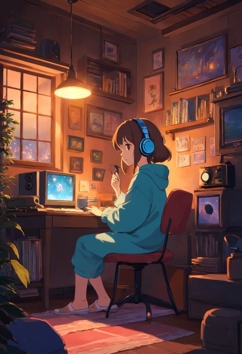 Girl listening to music in cozy room at night, Use headphones, 2D style anime, lo fi, hard disk, dark environment