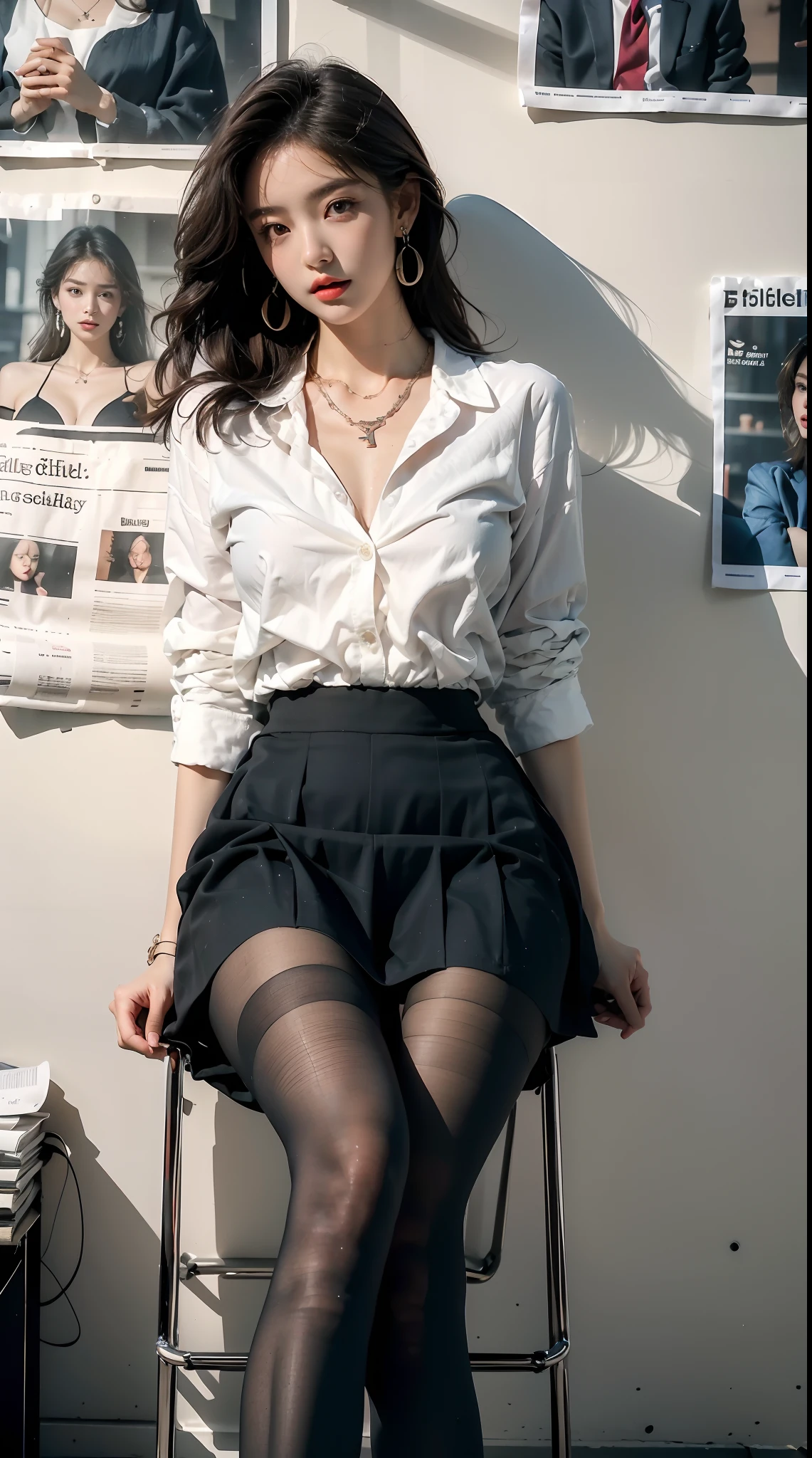 outstanding hair, Masterpiece, 1 girl, Fidelity: 1.2, Bare legs, Sexy clothes, Short skirts, 电影灯光, jewelry, Earrings, choker necklace, {JK}, Newspaper wall, Very detailed, 16k wallpaper, Highly detailed, Best quality, Hands not exposed, High gloss, surrealism, Standing faces: 9666349256], (Top social elite secretaries wear light-colored lingerie), sit on chair, working in an office, (Wear pantyhose) (short hairs) crossedlegs, Wear high-end heels, (thighhighs and skirt), Shirt secretary, extrovert, Wear a shirt and skirt, Business attire, Business attire, RAW photos, (8K, Top quality, Masterpiece: 1.2), (Complex details: 1.4), (Fidelity: 1.4), Octane rendering, Complex 3D rendering with hyper-detail, vibrant detail, super detailing, Realistic skin texture, Detailed face, Beautiful eye details, Very detailed CG Unity 16k wallpaper, Makeup, (Detailed background: 1.2), Glossy glossy skin, Bare with thighs, Realistic shooting,