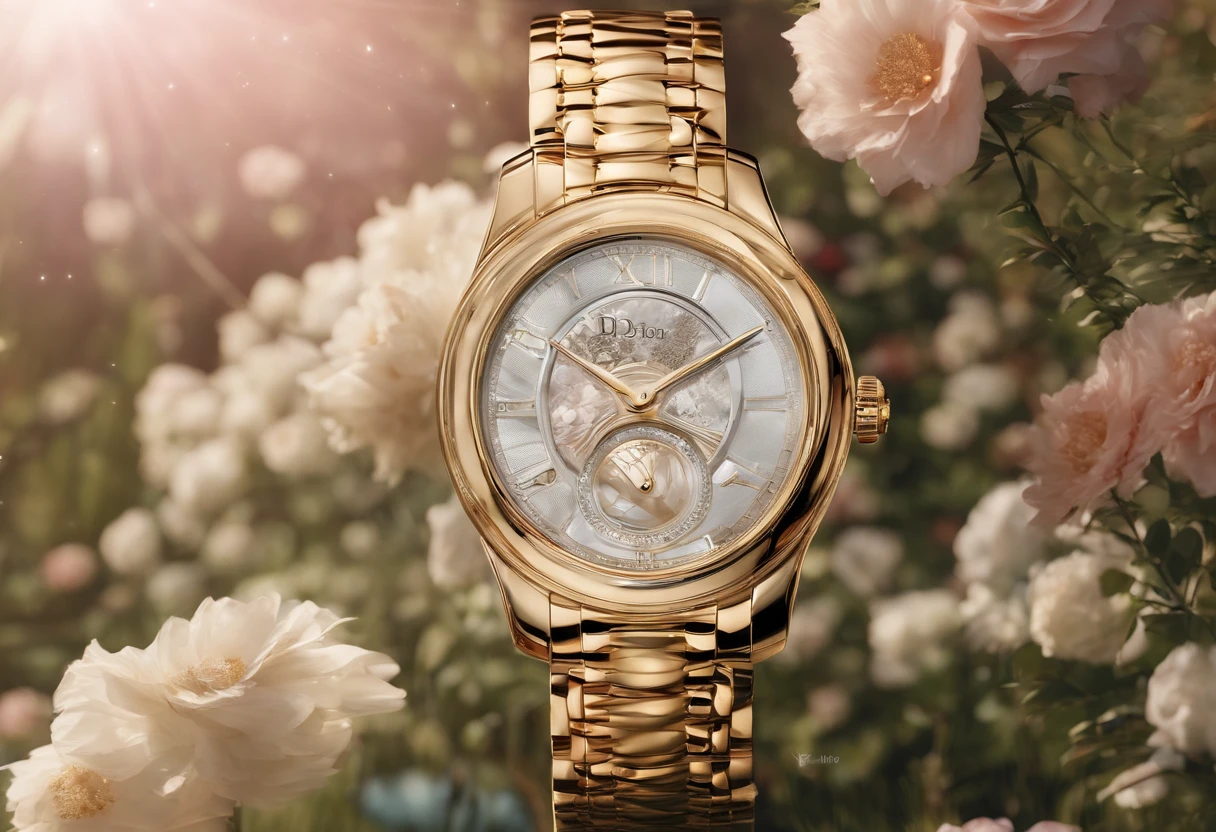 Shot by Christian Dior on the grass,The golden sun shone on Dior,There is a big tree next to it,8K quality