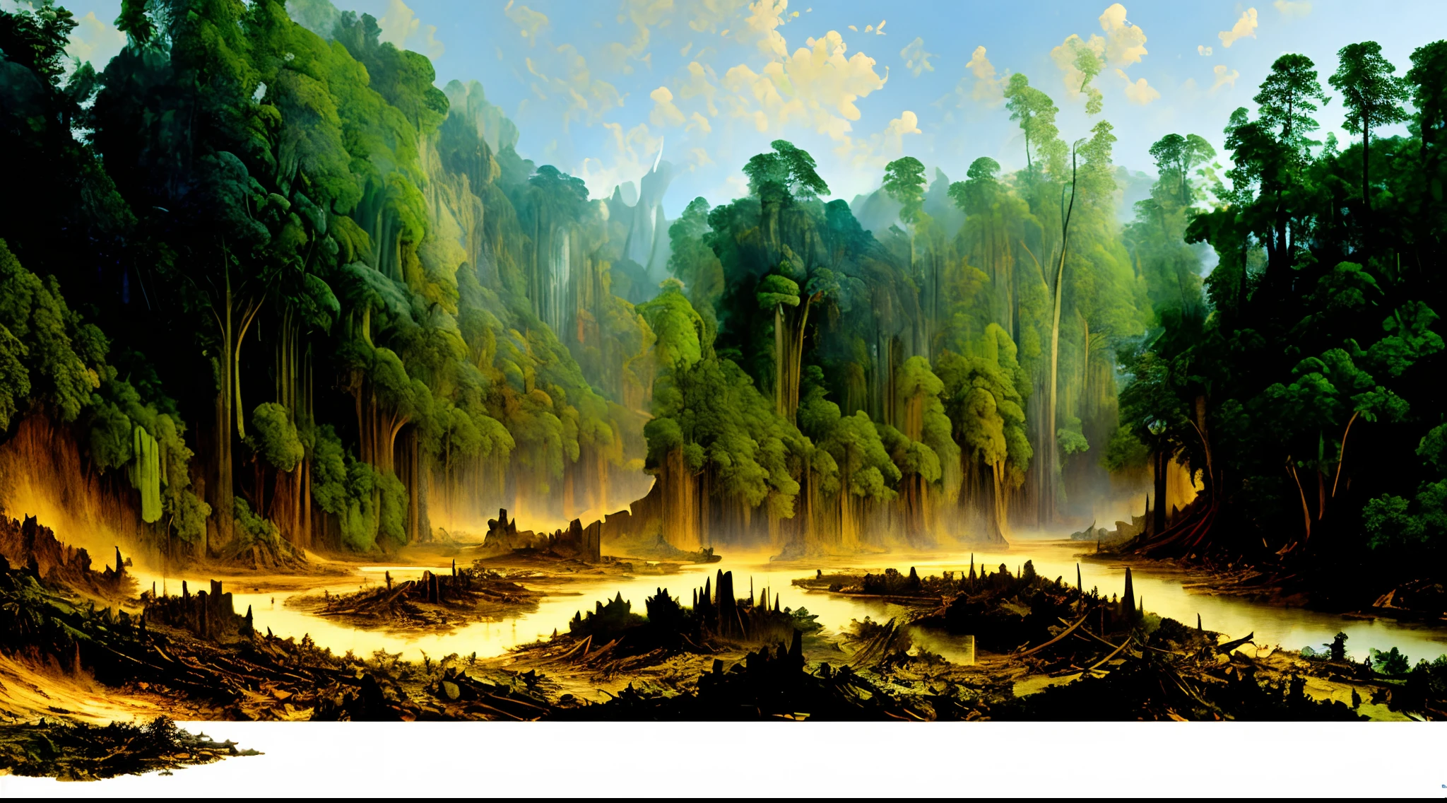 Magnificently and、Highly detailed 3D matte painting、cinemascope panoramic、awe inspiring、colossal、landscapes、(In the background is a lovely healing forest and a waterside)、 natural skin textures、Subdued Color、Sharp focus、((((Cinematic Look))))、insane detail、intricate-detail、(Clutter:1.3)、(collapse:1.3)、(Grit:1.3)、(dark)、(grunge:1.3)、(oozing pools of filth:1.3)、by Greg Rutkowsky、Caravaggio、moebius、Alfonse Mucha、Art by David Tenias the Elder、 analog style、Reasonable drinks