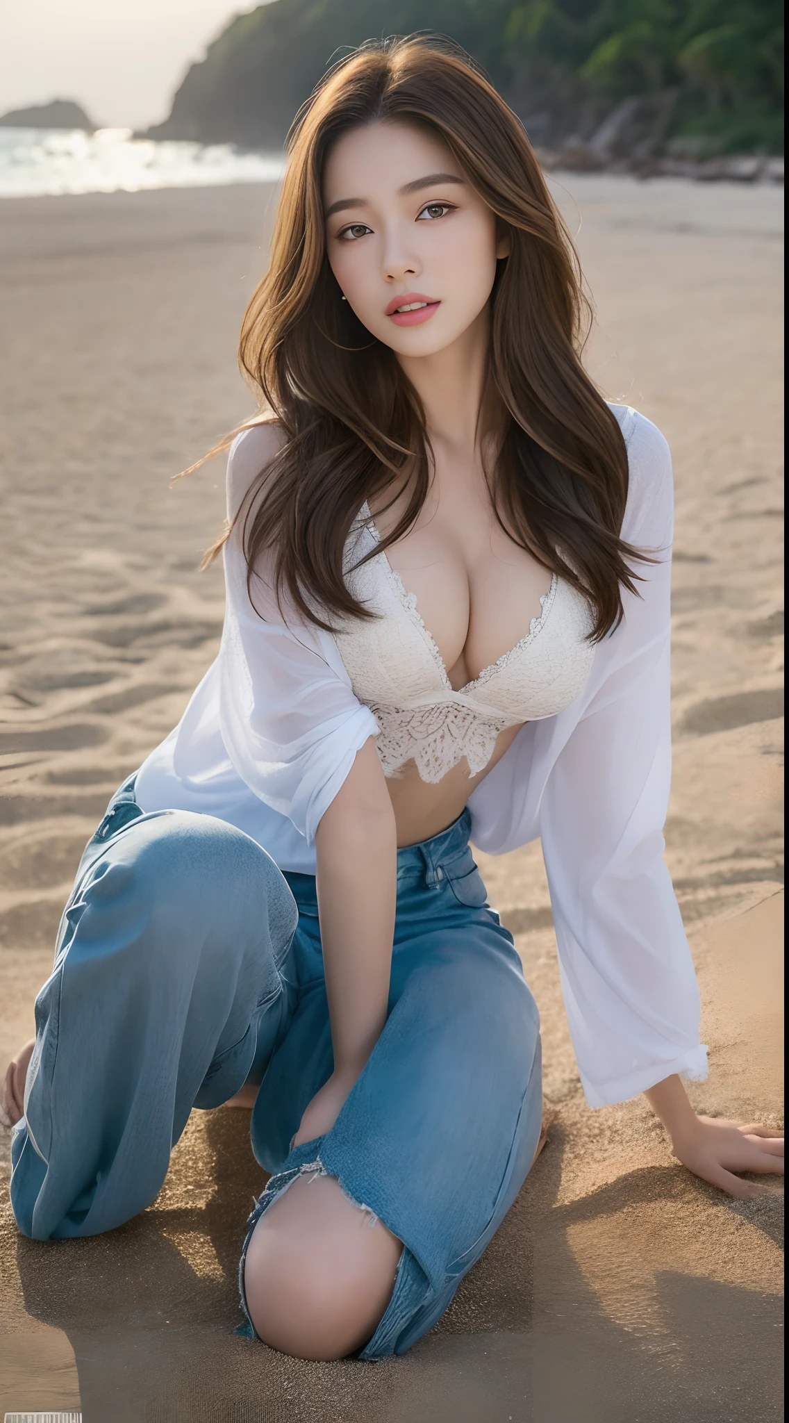 Best quality, realistic, realistic, extremely detailed, extremely delicate and beautiful, RAW photo, professional lighting, facial lighting, depth of field, single focus, ((full body)), a 20 year old female, (night, beach, starry sky: 1.4), brown hair, brown eyes, smaller head, ((big breasts)), (((authenticity))), fashion girl, beautiful eyes, real face, real skin, realistic face, realistic Skin, detailed eyes, detailed facial features, detailed clothes features, (fashion clothes: 1.3 ), (fashion hairstyles: 1.3) dynamic poses, looking at the viewer, detailed face and chest, (pureerosface_v1:0.33), (ulzzang- 6500:0.33),