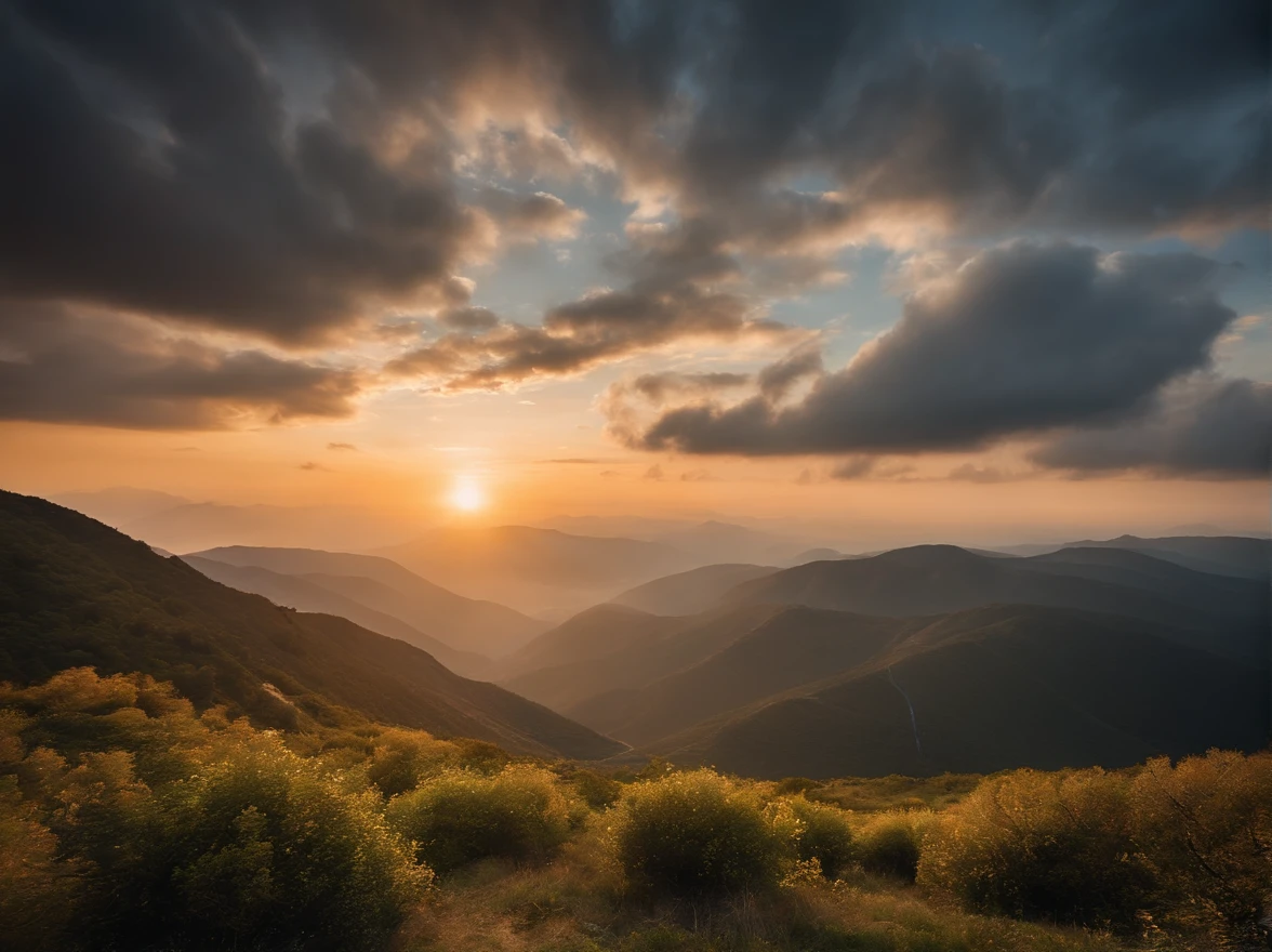 {sunraise}Professional landscape photography from a distance,perfectly point of view,Highly detailed,wide wide shot,Ultra photo realsisim,Highlight the golden sun,with blue sky and white clouds,polarizing filter,natural lightting,vivd colour,mountain ranges,all in focus,hdr,hyper HD,16k