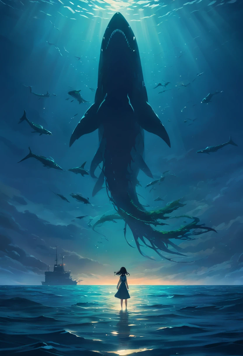 (Best quality,4K,8K,A high resolution,Masterpiece:1.2),Ultra-detailed,(Realistic,Photorealistic,photo-realistic:1.37),Top view,Looking down,Silhouette of a giant sea creature,Dark,Scary,seaview,Underwater,Monster figures,Scary existence,Secluded waters,Ominous atmosphere,Abyss,mysterious creature,Causes fear,Scary sea monsters, Majestic,Imposing,The scales of living beings glistened in the dark depths,Ocean depth,Terrible proportions,Vast dark waters,Darkness and foreboding,Shadow dancing,Ominous silhouette,Eerily quiet,The unknown lurks below,Vast and desolate,A strong sense of isolation,Sinister vibes,Darkness crept in,Ominous existence,It's horribly beautiful,Intimidating,Eye-catching,Terrible beauty of the sea.