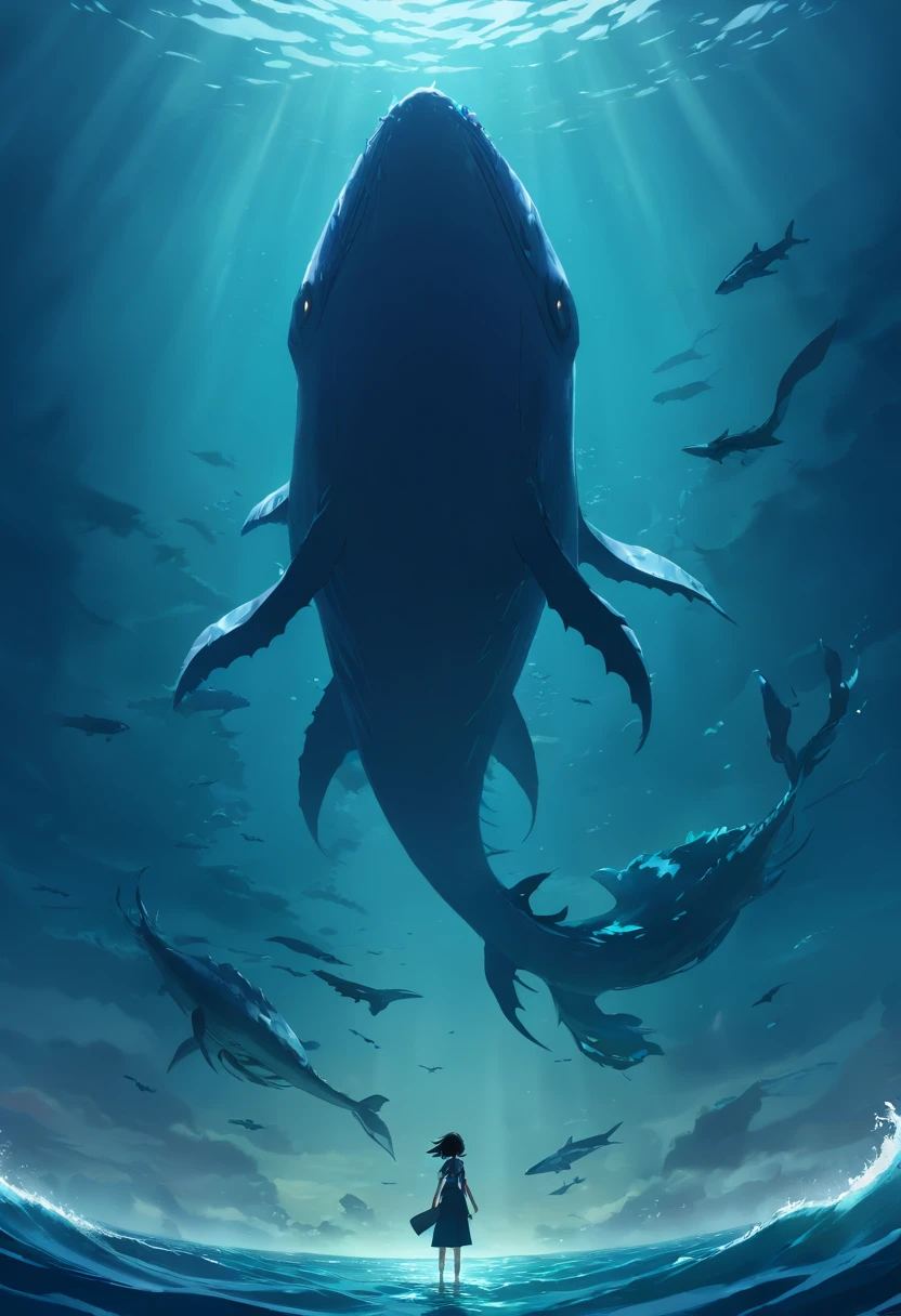 (Best quality,4K,8K,A high resolution,Masterpiece:1.2),Ultra-detailed,(Realistic,Photorealistic,photo-realistic:1.37),Top view,Looking down,Silhouette of a giant sea creature,Dark,Scary,seaview,Underwater,Monster figures,Scary existence,Secluded waters,Ominous atmosphere,Abyss,mysterious creature,Causes fear,Scary sea monsters, Majestic,Imposing,The scales of living beings glistened in the dark depths,Ocean depth,Terrible proportions,Vast dark waters,Darkness and foreboding,Shadow dancing,Ominous silhouette,Eerily quiet,The unknown lurks below,Vast and desolate,A strong sense of isolation,Sinister vibes,Darkness crept in,Ominous existence,It's horribly beautiful,Intimidating,Eye-catching,Terrible beauty of the sea.