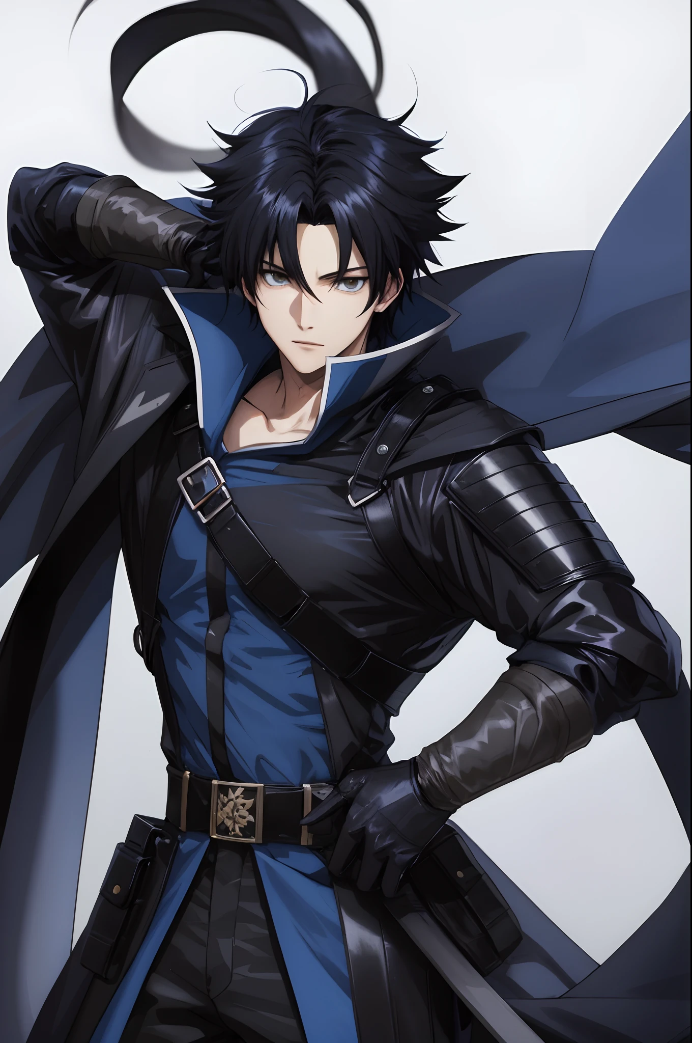 Anime boy long black coat short black hair black gloves holding blue sword