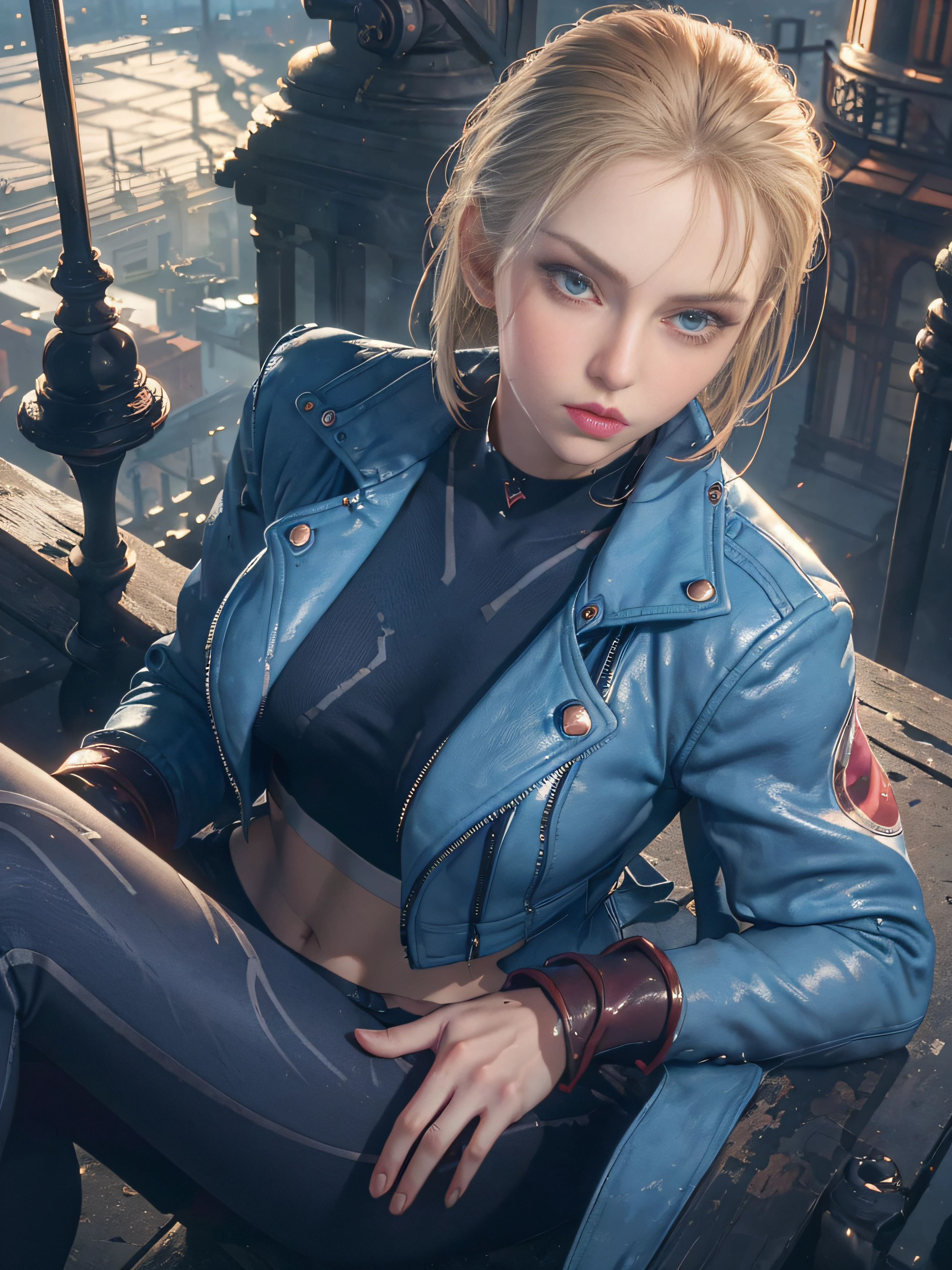 "(exquisitely detailed CG unity 8k wallpaper, masterpiece-quality with stunning realism), (best illumination, best shadow), (best quality), (elegant and demonic style:1.2), (closeup:1) Arti modern anime. angled view, heroic pose, closeup full body portrait medium shot of cammy, navy blue sports bra, light blue open jacket, navy blue yoga pants, red gloves, Abdominal muscle, muscles, (eyes looking at viewer:1.0), abs, depth of field blur effect, night, full zoom, action portrait, photorealistic. cinematic lighting, highly detailed. best quality, 4k, Better hand, perfect anatomy, leaning forward, foreshortening effects, (leaning forward:1) (cute coy flirty sexy expression:1.6), foreshortening effect, (piercing eyes:0.8), surrounded by an ominous and dark atmosphere, accentuated by dramatic and striking lighting, imbued with a sense of surreal fantasy", (mature:0.5) (afternoon:1.5) (alone:1.5) (pretty cute face:1.3) (secret agent:1) (happy:1.2)  (elegantly sitting in a london city:1.3)