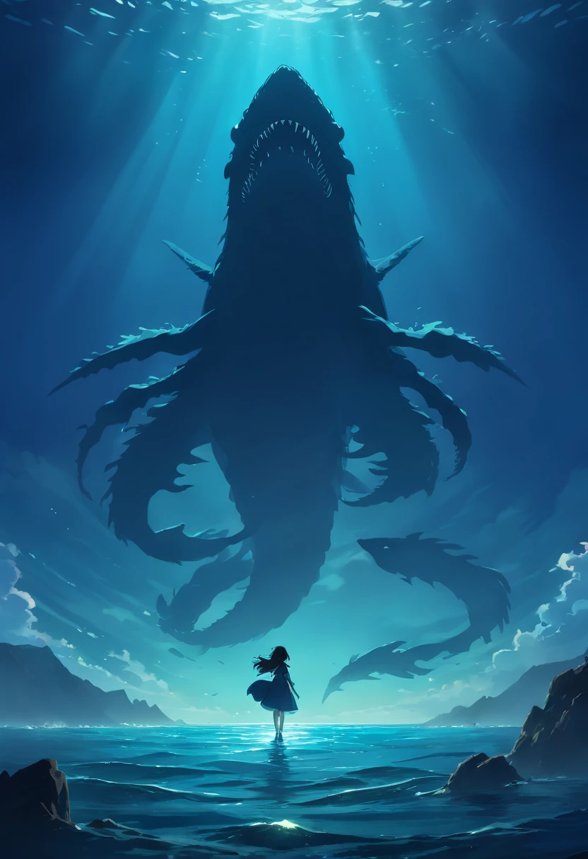 (Best quality,4K,8K,A high resolution,Masterpiece:1.2),Ultra-detailed,(Realistic,Photorealistic,photo-realistic:1.37),Top view,Looking down,Silhouette of a giant sea creature,Dark,Scary,seaview,Underwater,Monster figures,Scary existence,Secluded waters,Ominous atmosphere,Abyss,mysterious creature,Causes fear,scary sea monster, Majestic,Imposing,The scales of living beings glistened in the dark depths,Ocean depth,Terrible proportions,Vast dark waters,Darkness and foreboding,Shadow puppet dancing,Ominous silhouette,Eerily quiet,The unknown lurks underneath,Vast and desolate,A strong sense of isolation,Sinister vibes,Darkness crept in,Ominous existence,It's so beautiful,Intimidating,Eye-catching,Terrible beauty of the sea.