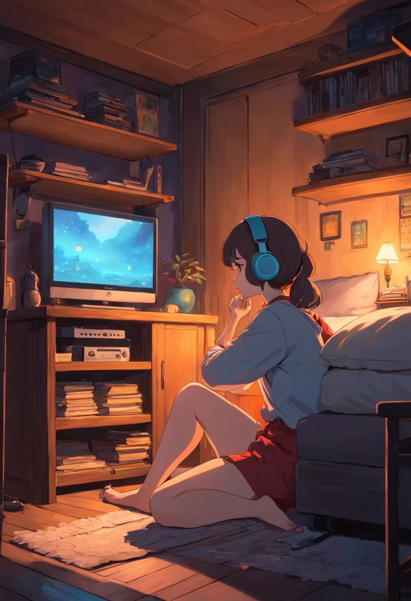 Girl listening to music in a cozy room at night, Use headphones, 2 d anime style, lo fi, hard disk, dark environment、Emo