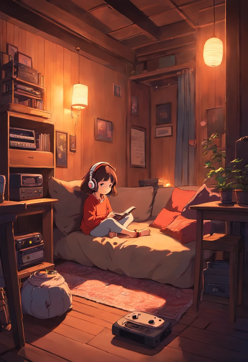 Girl listening to music in a cozy room at night, Use headphones, 2 d anime style, lo fi, hard disk, dark environment、Emo