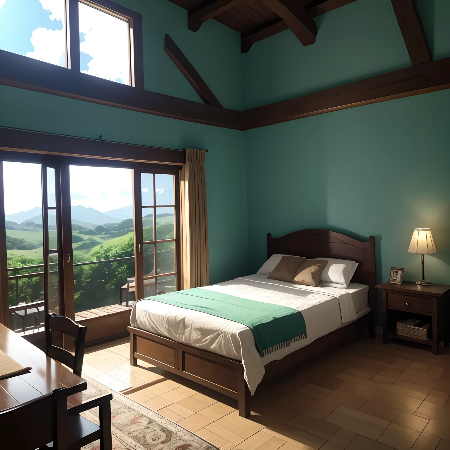 There is a painting of a room with a bed and a window, um quarto ensolarado, Quarto em Studio Ghibli, Studio Ghibli Sunshine, detailed cenary, arte de fundo do anime, Anime Beautiful Peaceful Scene, paisagem campestre anime, fundo do quarto , bela cena de anime, abrir janela de fundo ib, bela cena de anime