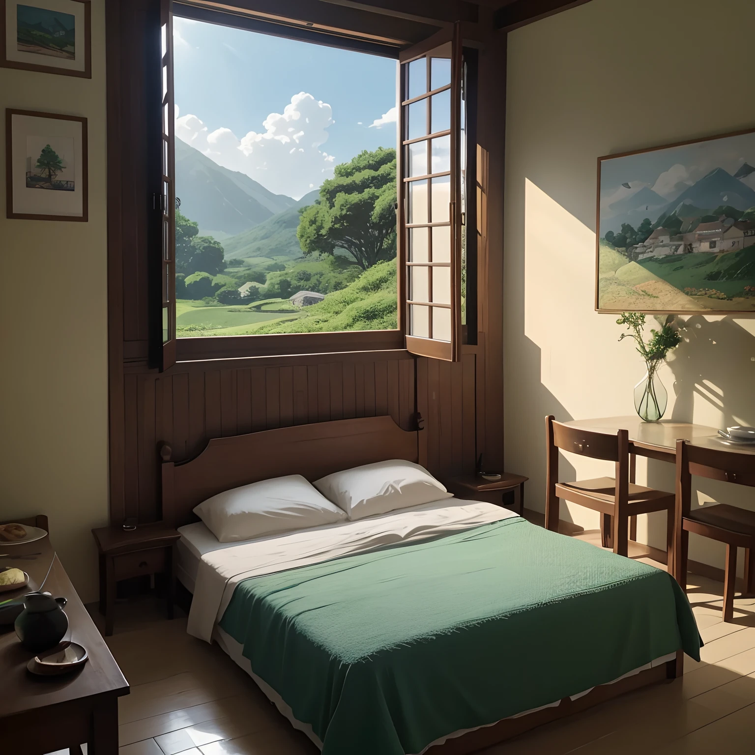 There is a painting of a room with a bed and a window, um quarto ensolarado, Quarto em Studio Ghibli, Studio Ghibli Sunshine, detailed cenary, arte de fundo do anime, Anime Beautiful Peaceful Scene, paisagem campestre anime, fundo do quarto , bela cena de anime, abrir janela de fundo ib, bela cena de anime