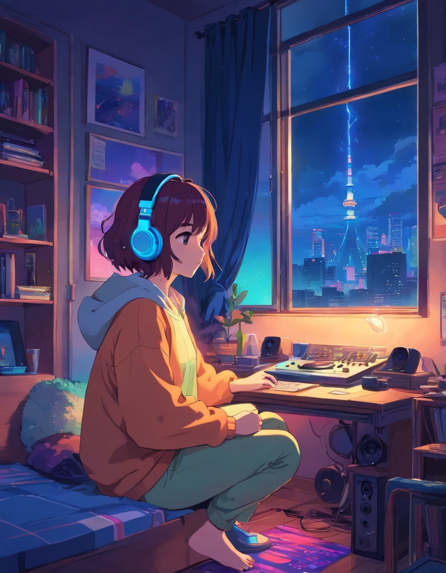 European hippie girl meditating in her room, Dreaming, Wear headphones, night lights, Neon landscape on a rainy day, Analog Color Theme, Lo-Fi Hip Hop , Retrospective, Flat, 2.5D ,Draw a line, Ink drawing, Large gradient, Watercolor painting, Goosch color, Studio Ghibli style, Awesome colorful, Outer Ton, Krautlock, lofi art, 70s style,Old textures, amplitude,Psychedelic atmosphere, masutepiece, Incredible technology,Girl listening to music in cozy room at night, Use headphones, 2D style anime, lo fi, hard disk, dark environment