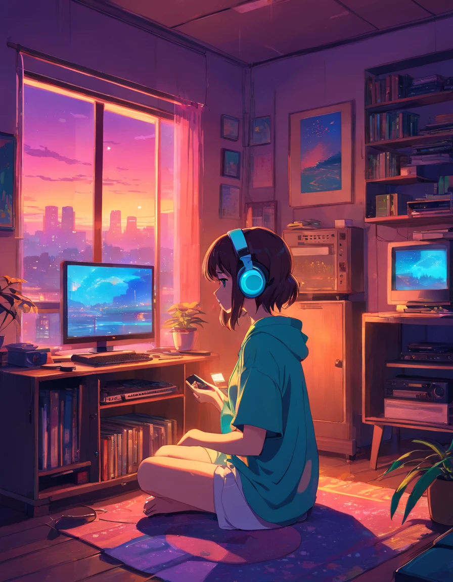 European hippie girl meditating in her room, Dreaming, Wear headphones, night lights, Neon landscape on a rainy day, Analog Color Theme, Lo-Fi Hip Hop , Retrospective, Flat, 2.5D ,Draw a line, Ink drawing, Large gradient, Watercolor painting, Goosch color, Studio Ghibli style, Awesome colorful, Outer Ton, Krautlock, lofi art, 70s style,Old textures, amplitude,Psychedelic atmosphere, masutepiece, Incredible technology,Girl listening to music in cozy room at night, Use headphones, 2D style anime, lo fi, hard disk, dark environment